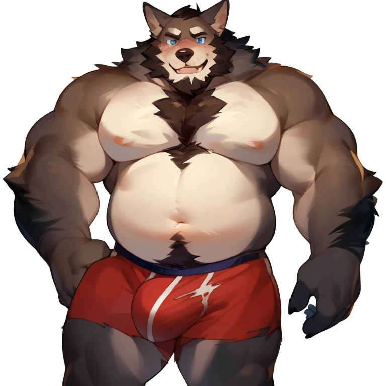 solo, male, werewolf, wolf, canine, broad, sturdy, hefty, big, mature male, muscular, facial hair, beard, embarrassed, sweet, cute, chest hair, stomach hair, happy trial, grey fur, blue eyes, body hair, half-body, looking at down at self, boxers, tight boxers, torn boxers, fluffy body, big bulge, white background, by mystikfox61, by darkgem, by glitter trap boy, by bebebebebe, by doooo2424, by null-ghost