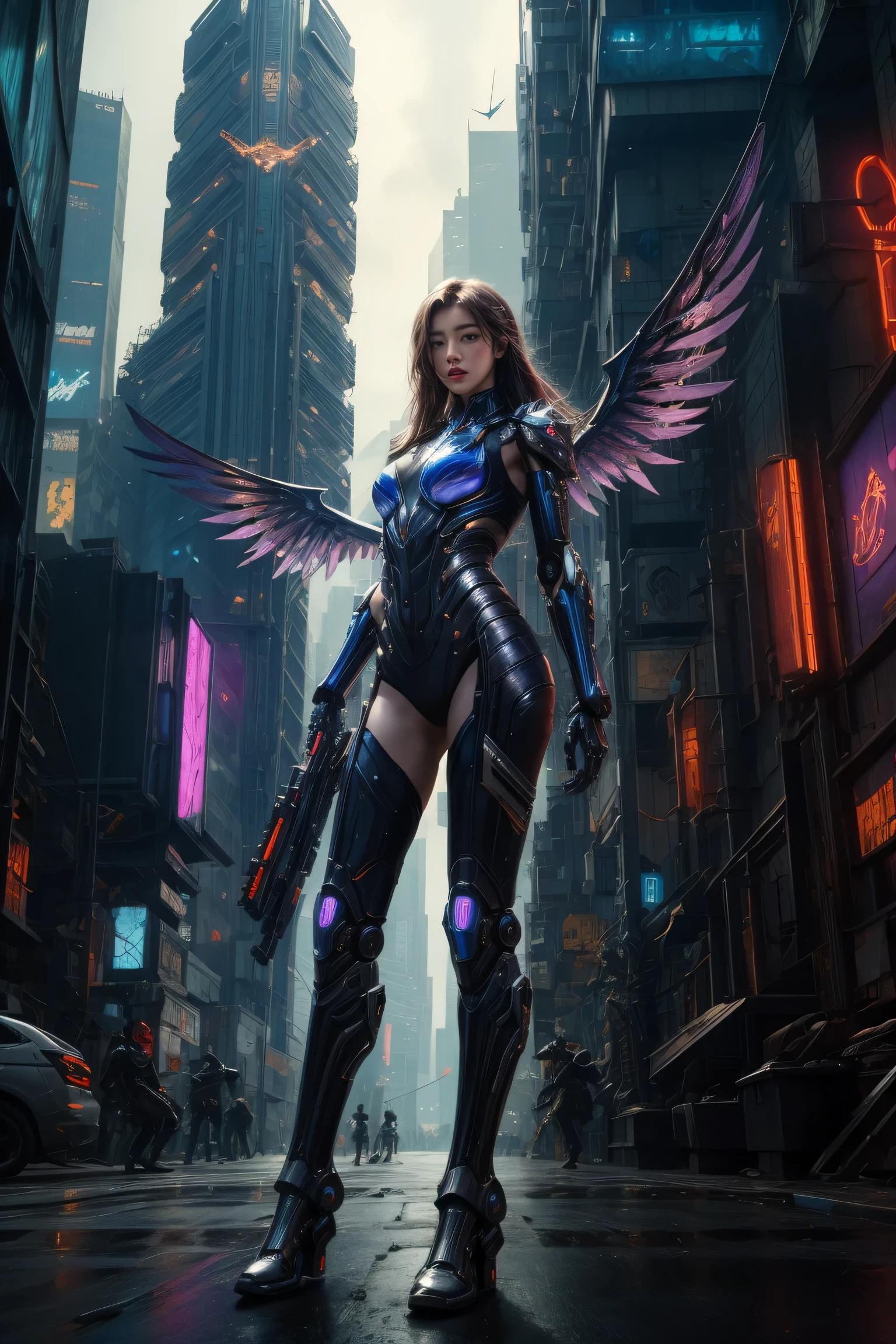 masterpiece, best quality, high quality, high resolution, photorealistic, 1girl, long hair, 2 mechanical wings, futuristic armor, legs, brests, dynamic view, solo, skycrapers, cyberpunk city, night