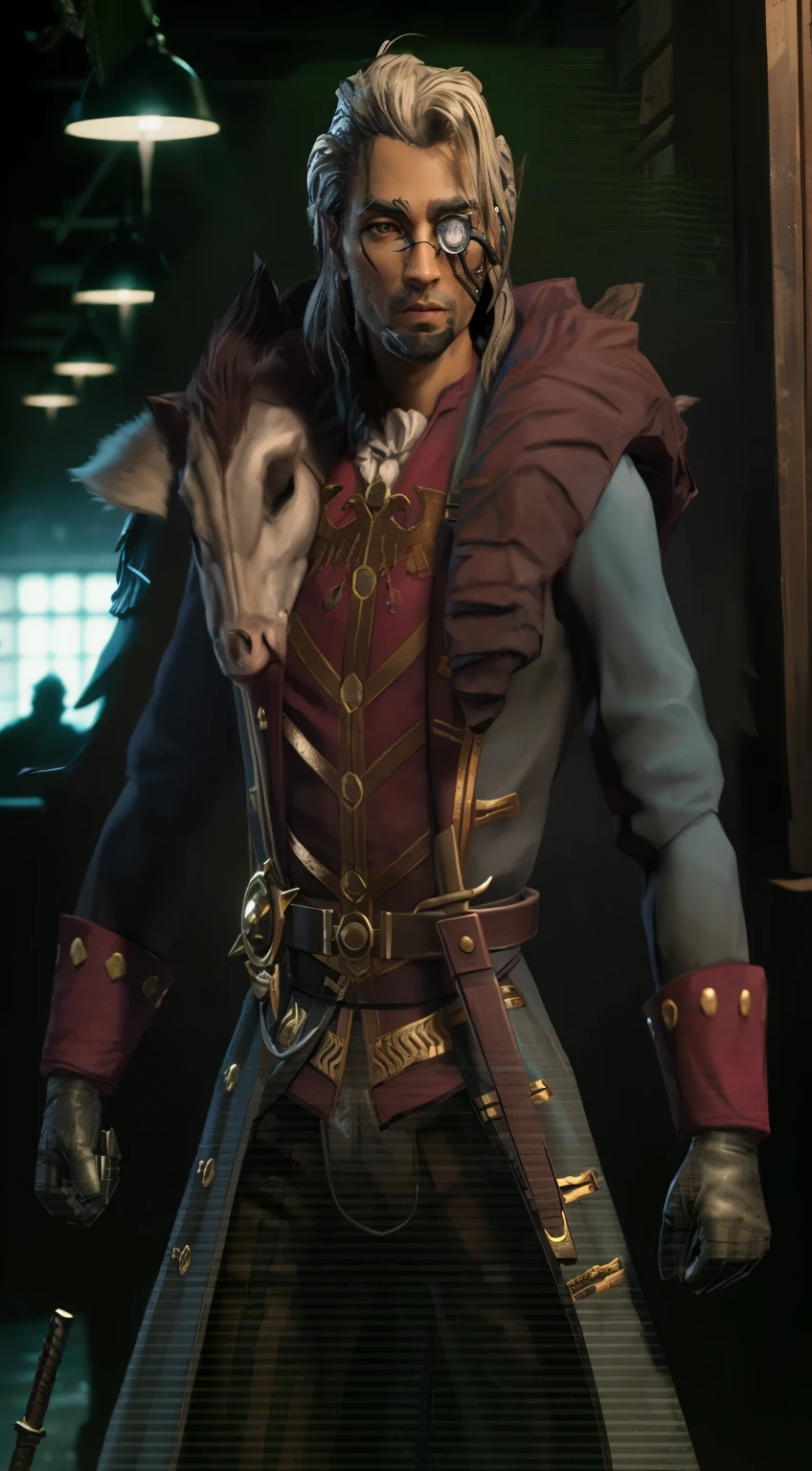 there is a man in a costume with a horse on his shoulder, starfinder character, portrait of fin wildcloak, portrait of a bloodborne hunter, portrait of a male hydromancer, style of starfinder, maxwell render, hyperdetailed fantasy character, amazing portrait, closeup portrait of an artificer, character portrait, male character, main character, battlefield in the background