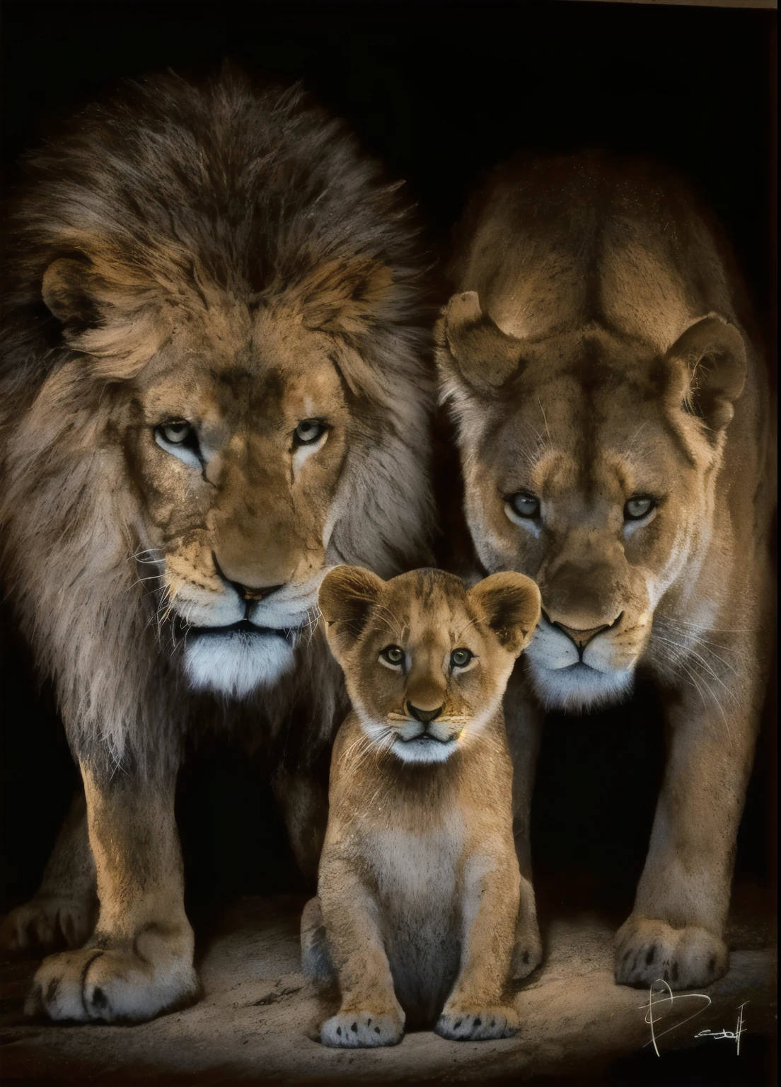 a black and white photo of a lion and a lion cub, family portrait, por Bernard D’Andrea, por Mirabello Cavalori, lions, por Micha Klein,  family, por Daniel Seghers, por Jim Murray, por Serge Sudeikin, por Darek Zabrocki, happy family, por Dennis Flanders, olhar orgulhoso, by Luís Miranda