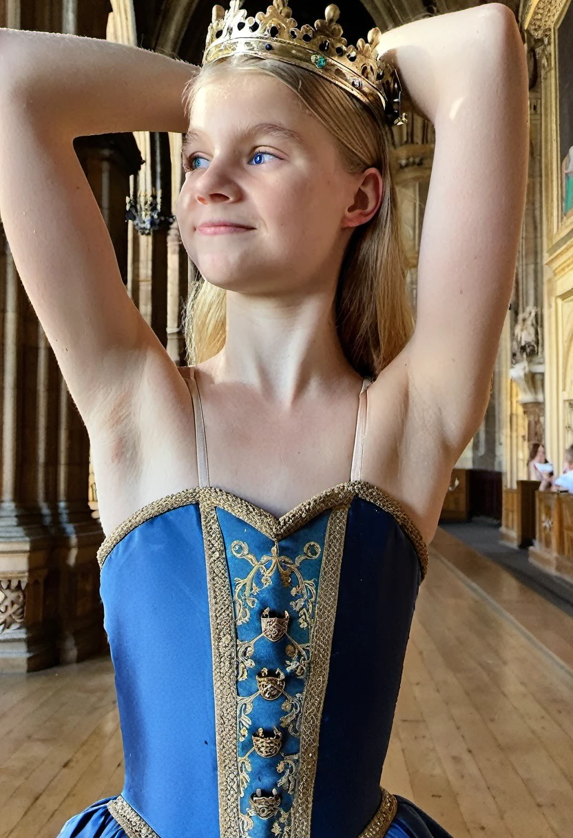 Phone photo, natural look of 12 years old girl, wearing medieval strapless french dress, arms behind head, armpits, natural light,  blue eyes, light blonde hair, arms up, sweaty, at castle main hall, crown, detailed face, detailed armpits, posted at snapchat in 2019, super cute face