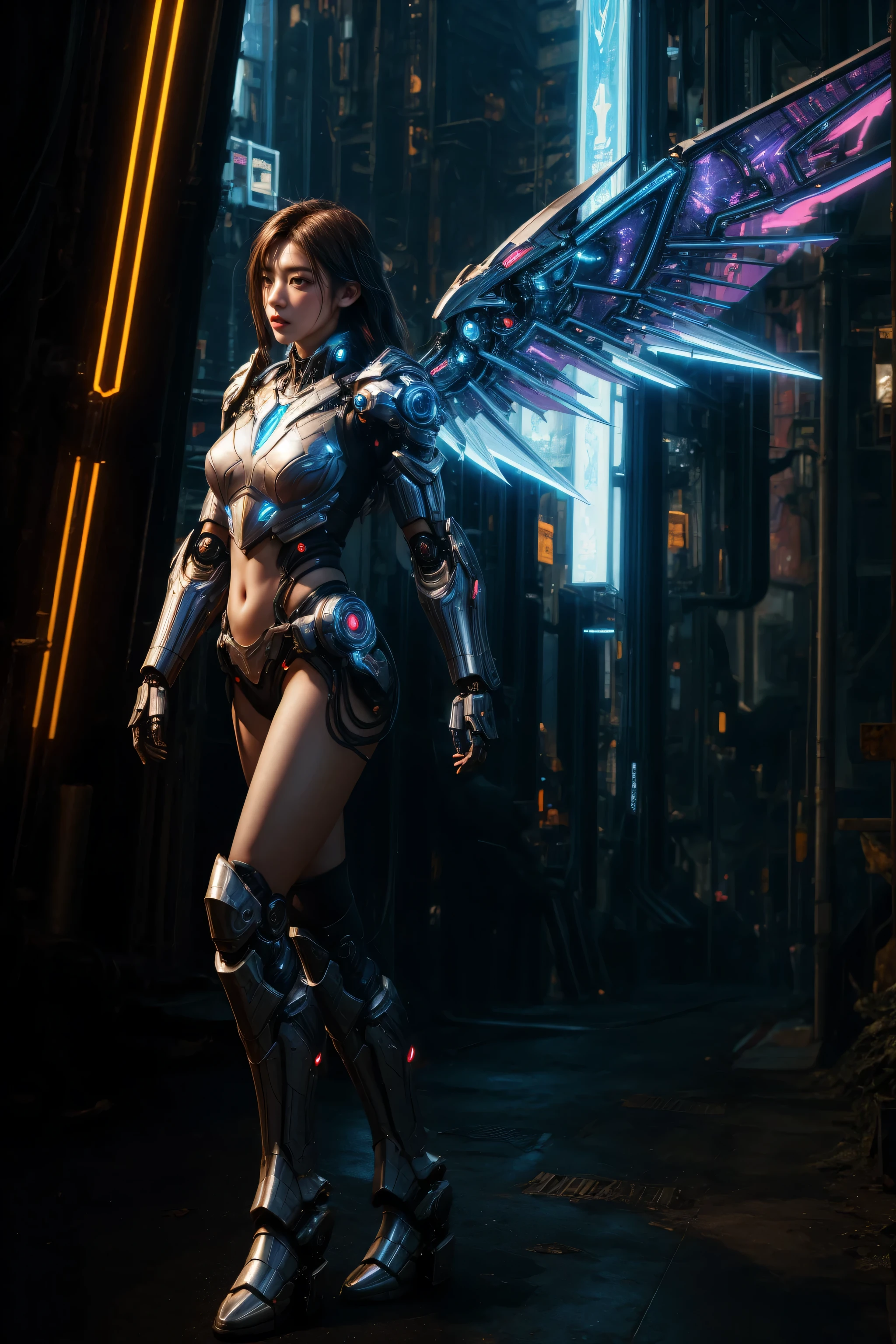 masterpiece, best quality, high quality, high resolution, photorealistic, 1girl, glowing 4 mechanical wings, futuristic armor, dynamic pose, legs, brests, solo, skycrapers, cyberpunk