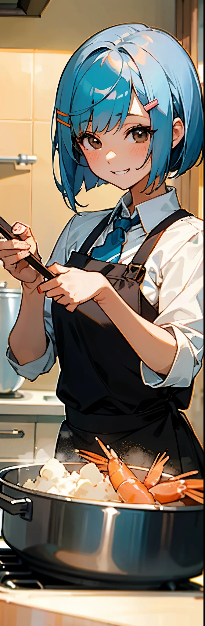 1 girl、anime picture、Pretty woman cooking delicious food in the kitchen、shrimp、light blue hair、short bob hairstyle、Tie your hair with an orange hair clip、Beautiful brown and black eyes、grin and laugh、From the side、sharp outline、upper body close-up、background bokeh、written boundary depth