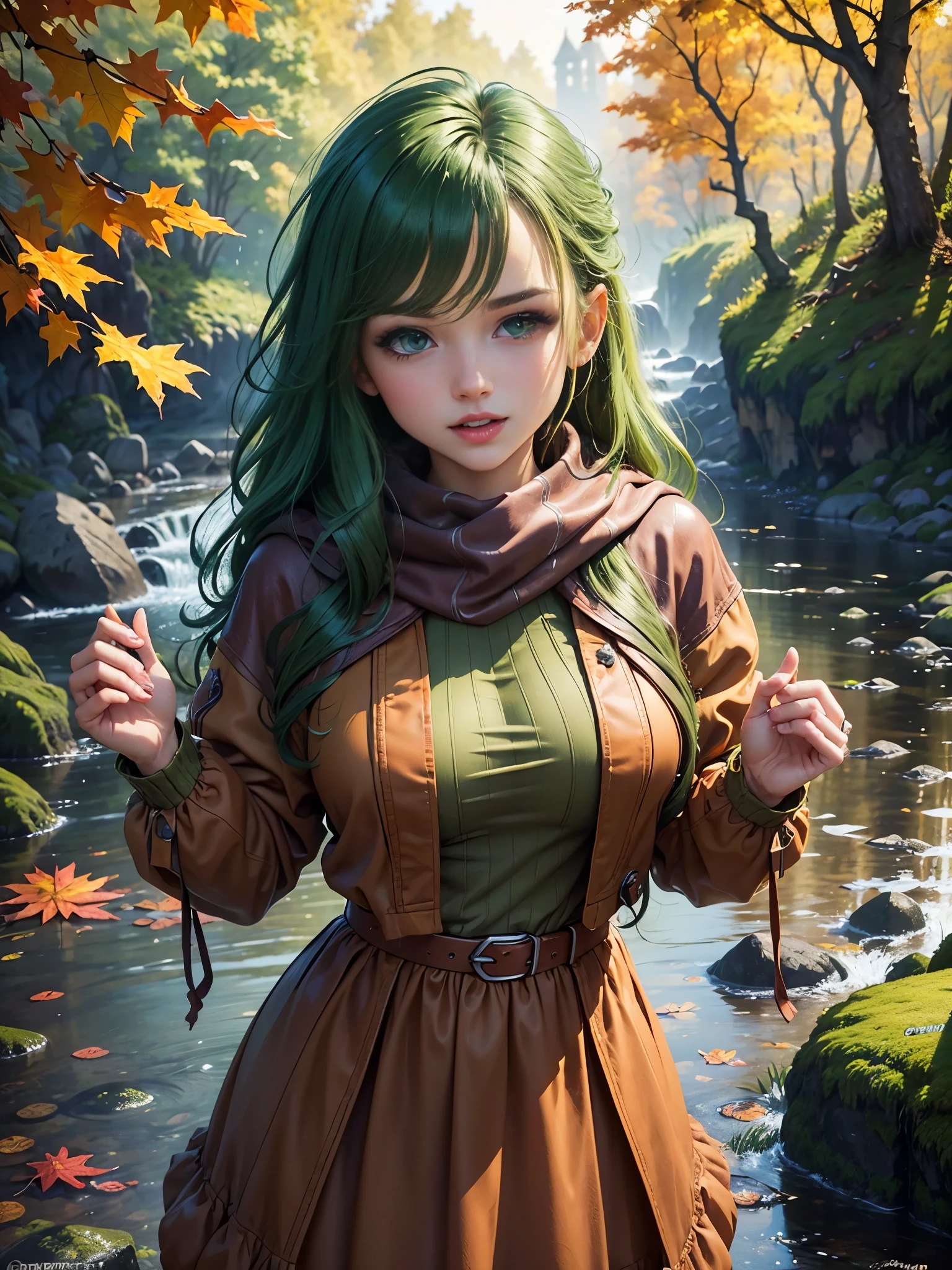 masterpiece, best quality, autumn outfit, colorful hair, outdoor,upper body, colorful autumnal clothes, ((fully clothed)), warm clothes, wet clothes, soaked, drenched, excited, wet hair, wet and slimy, water up to her chest, submerged, translucent, fantasy environment, fantastical, vivid colors, varied poses, detailed green eyes
