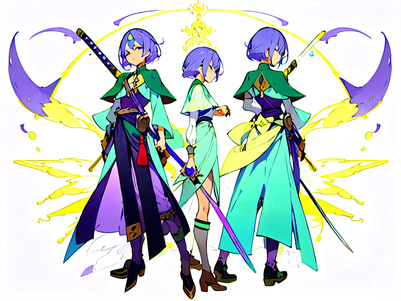 um personagem alto, olhos amarelos vivos, com cabelos longos, azuis com mechas amarelas. Wearing a green tunic in the Persian style, open showing her well-defined physique, do so with a calm expression holding a staff that emanates a magical purple light, also purple boots and keeping his sandstone sword on his back and a purple katana on his waist