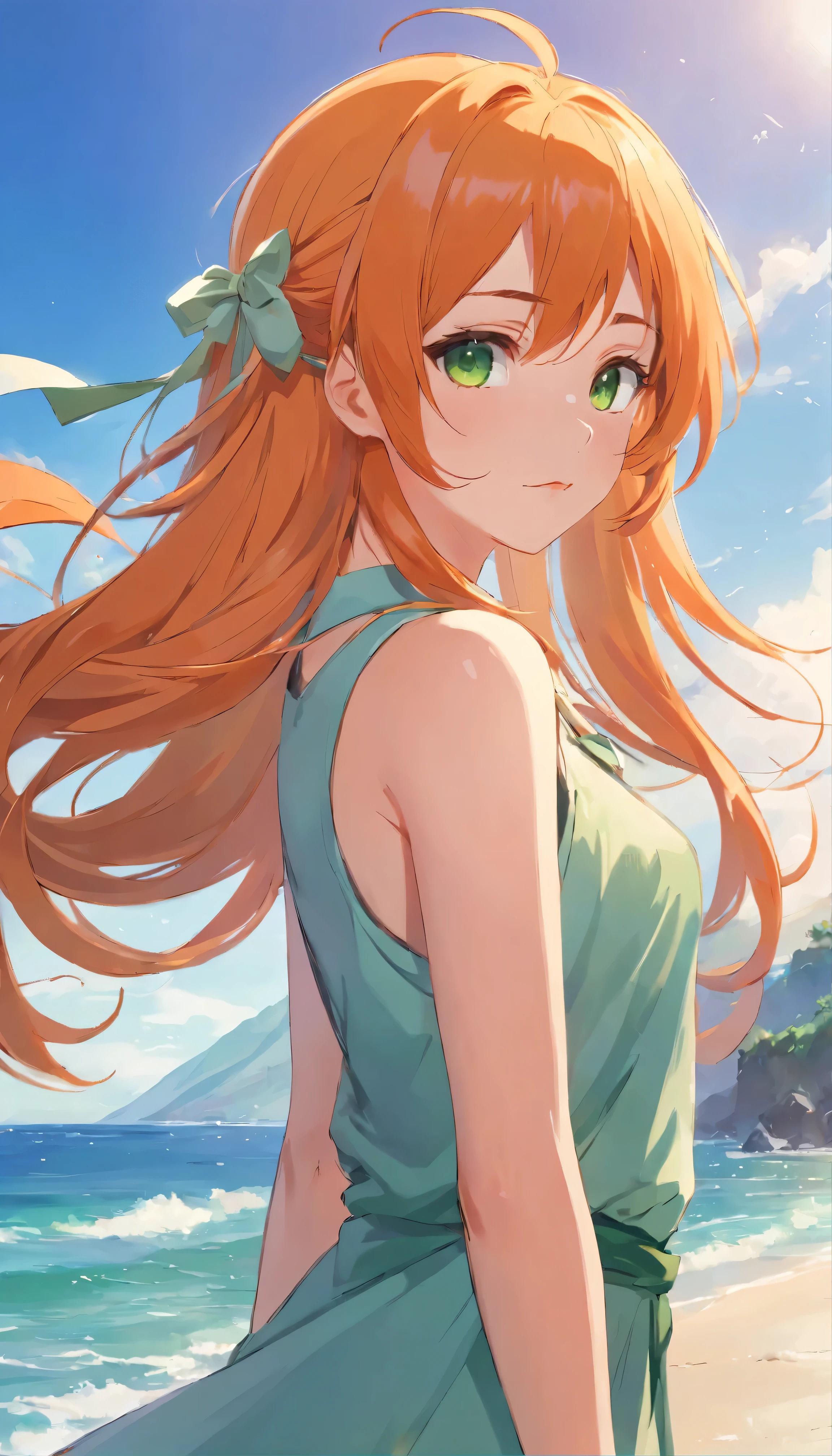 Anime girl with long orange hair, standing on the beach near the ocean, green eyes detailed digital anime art, anime girl with long hair, гладкое аниме cg art, anime girl with long hair, digital anime art, work in Guweiz style, Beautiful anime portrait, Photorealistic render of an anime girl, Beautiful anime girl, advanced digital anime art, guweiz на artstation pixiv HD UHD HQ