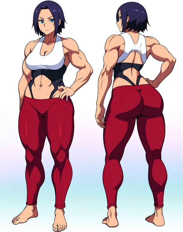 Anime woman, skimpy clothes, barefoot, feet visible, slightly muscular, front and back, big ass, small waist, fighter