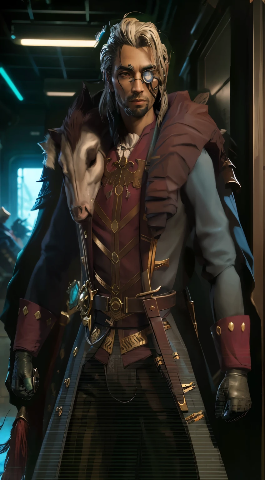 there is a man in a costume with a horse on his shoulder, starfinder character, portrait of fin wildcloak, portrait of a bloodborne hunter, portrait of a male hydromancer, style of starfinder, maxwell render, hyperdetailed fantasy character, amazing portrait, closeup portrait of an artificer, character portrait, male character, main character, battlefield in the background