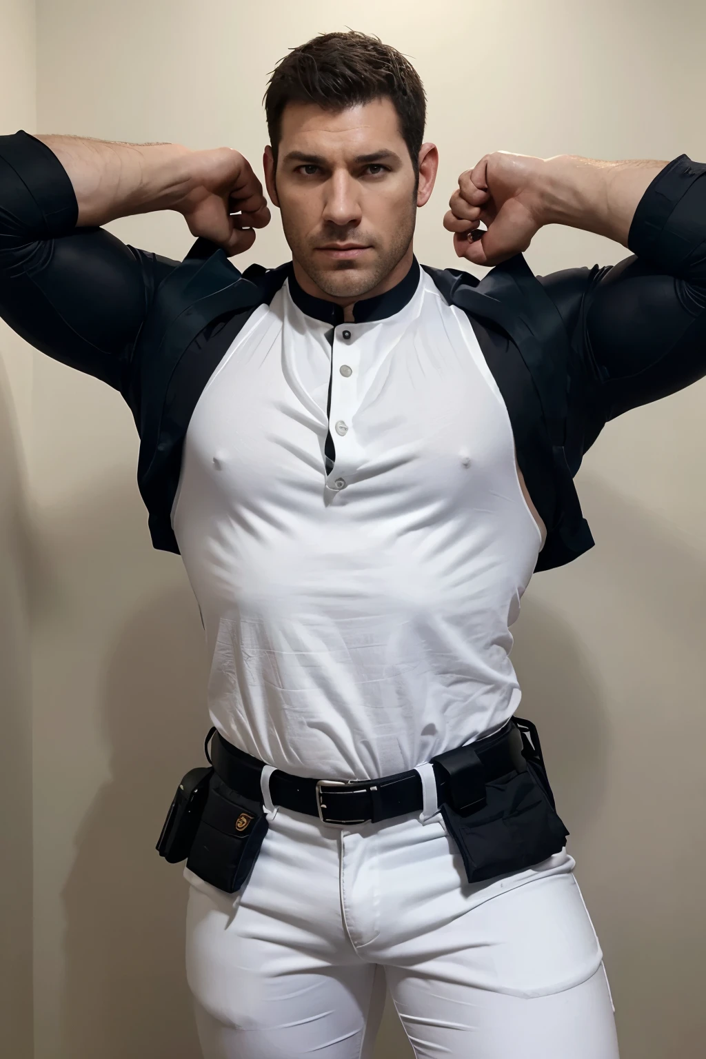 Giant tall muscular police officer,Handsome white police uniform.,police certificate,Concepto de personaje(Resident Evil - Chris Redfield,Chris Redfield)proud expression,Ojos profundos y encantadores.,pose heroica masculina,tall fuerte,muscular!muslos musculosos,chico duro,rasgos faciales perfectos,alto, fuerte, Heqiang, Super profit and great, High Resolution Committee,Encantador hombre fuerte,white jeans