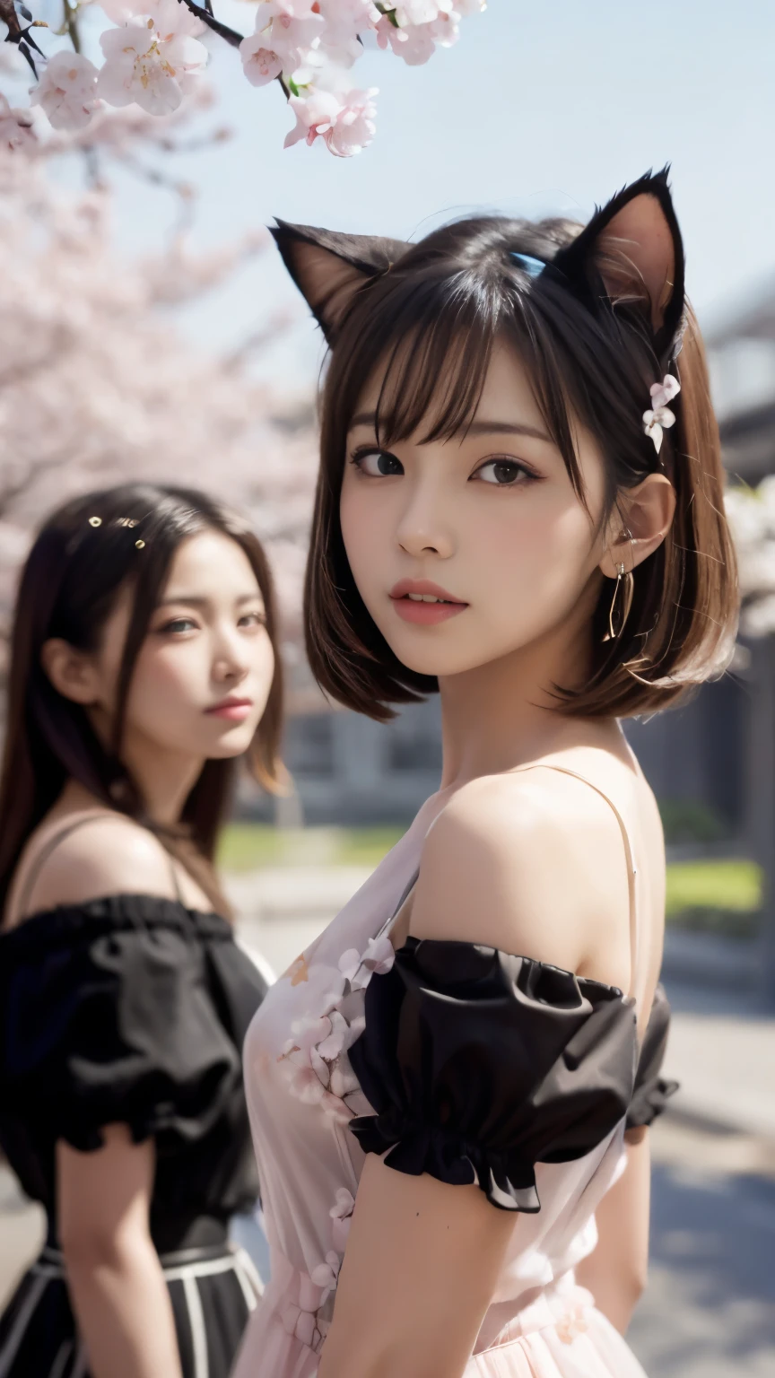 masterpiece, 4k, Bokeh, beautiful face, (multiple girls:1.4), Harem, group photo, Cat ear, medium bob hair, Pink , looking at the viewer, cherry blossoms, Upper body shot,