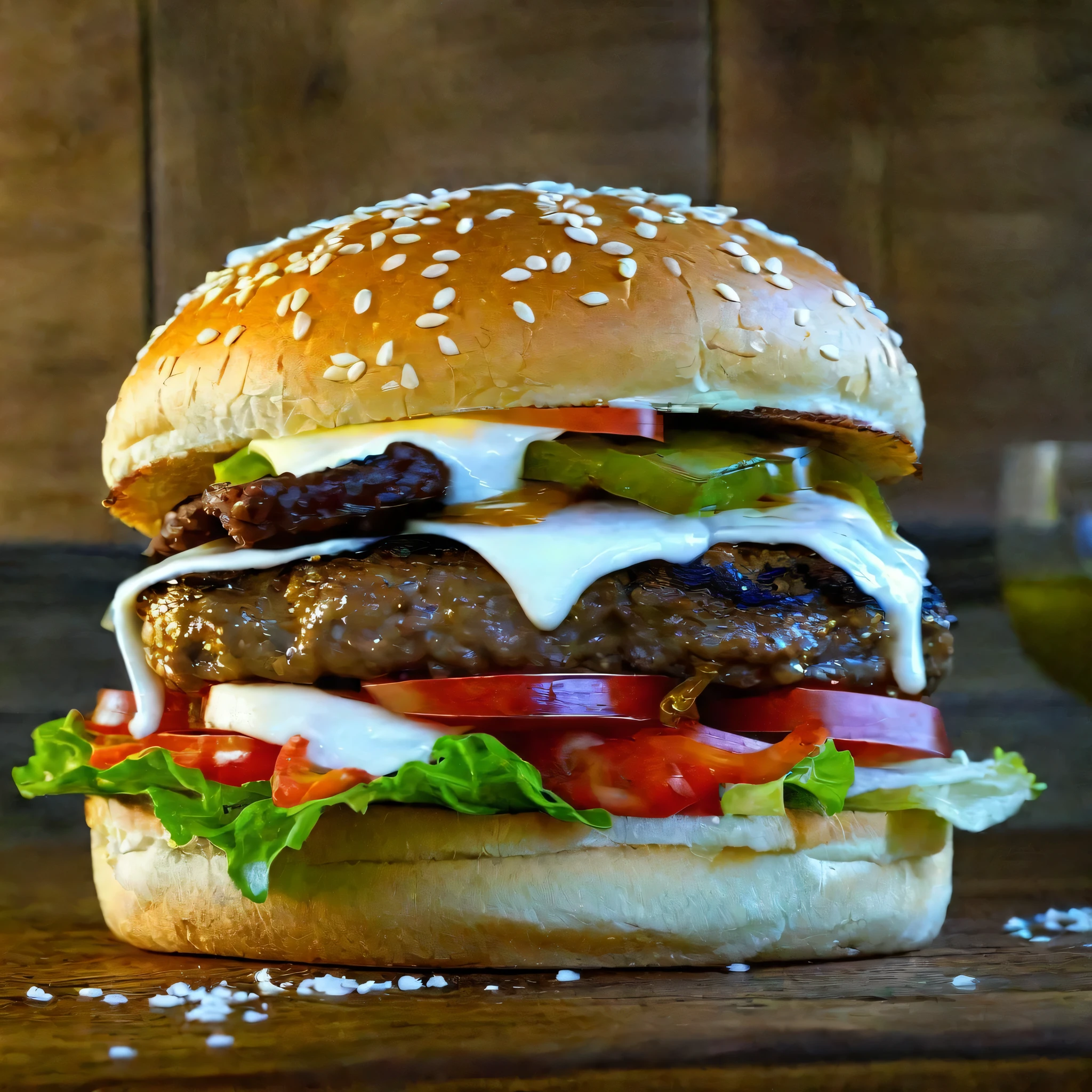 troque o fundo da imagem por um ambiente de cozinha e poe o hamburguer sobre uma tabua da madeira rustica