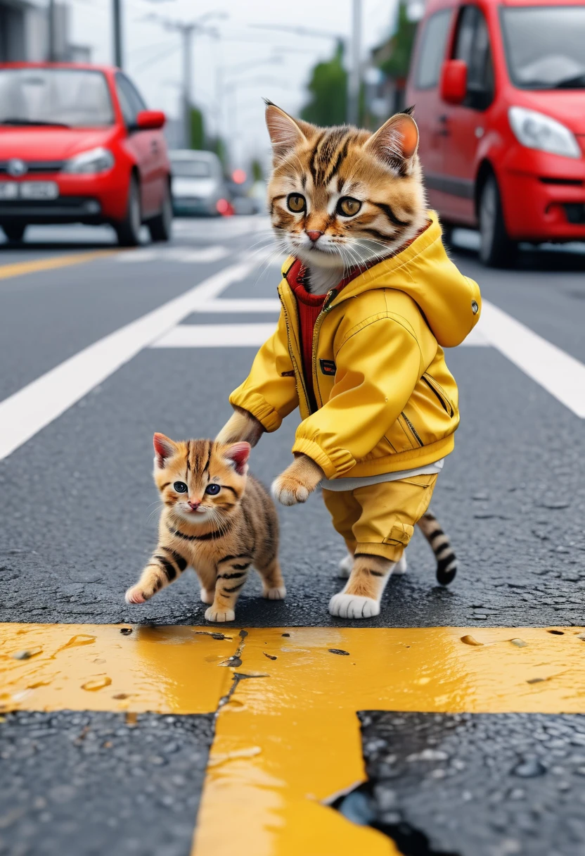 a big cat in a yellow jacket, torn pants holding a hand, a small cat crossing a pedestrian crossing, outlined and a small cat being hit by a red car 8 k, high quality, best images, real, best