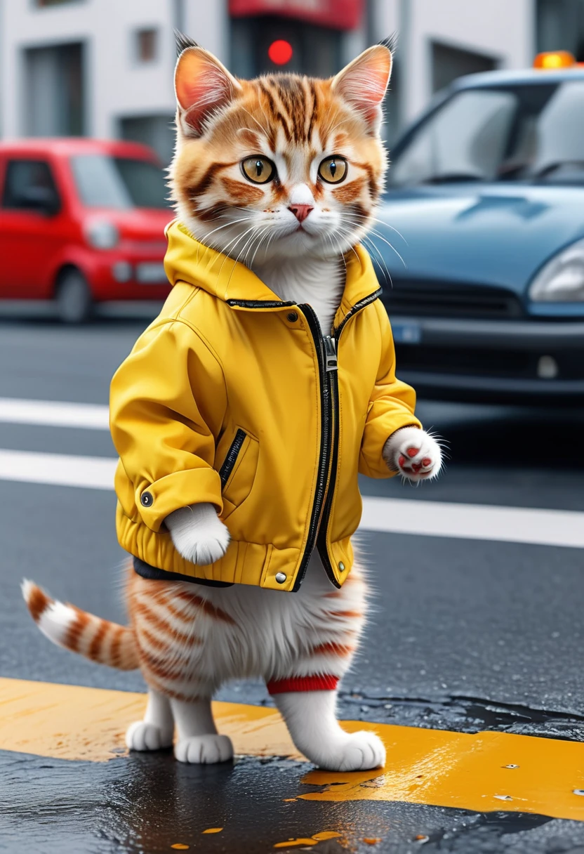 a big cat in a yellow jacket, torn pants holding a hand, a small cat crossing a pedestrian crossing, outlined and a small cat being hit by a red car 8 k, high quality, best images, real, best