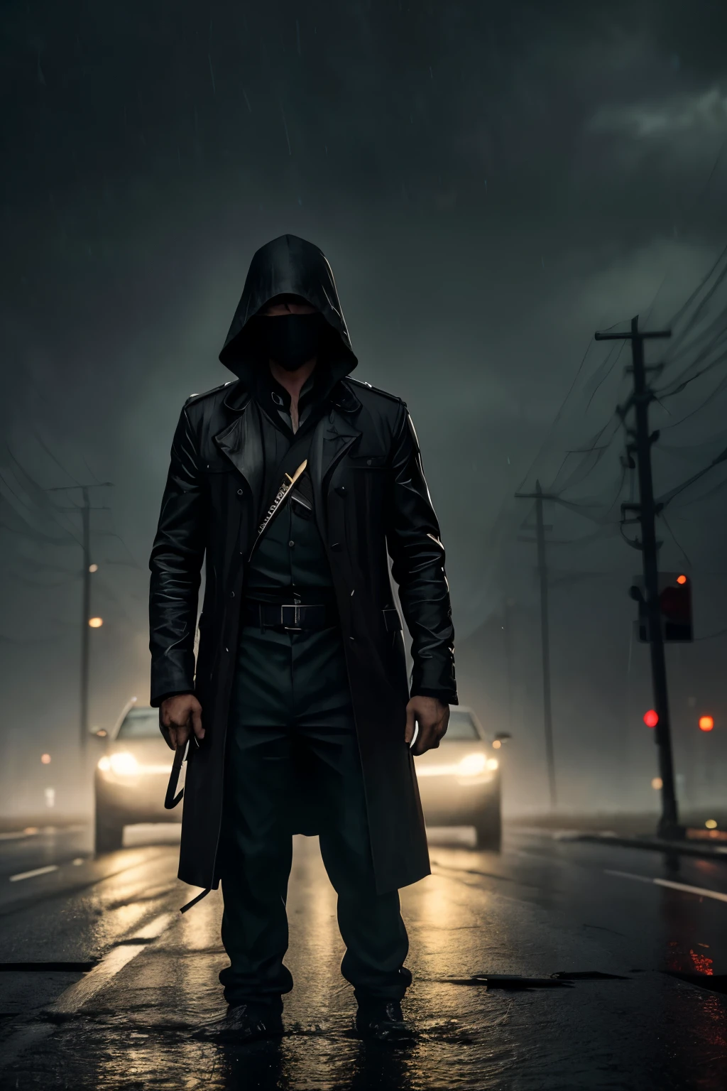 A 24-year-old man, soaked from head to toe in the pouring rain, stands firmly on a deserted highway at midnight. In the background, thousands of dead bodies litter the road, their forms tangled amidst the wreckage of countless crashed cars. The surface of the asphalt is slick with blood, which also covers the man's clothes and face, adding a chilling aura to his already ominous presence. The rifle in his hands, gripped tightly, seems to be the only source of light in this grim scene, casting an eerie glow on the surrounding chaos. The rain continues to fall relentlessly, adding to the grim atmosphere as the man stands watch, ready