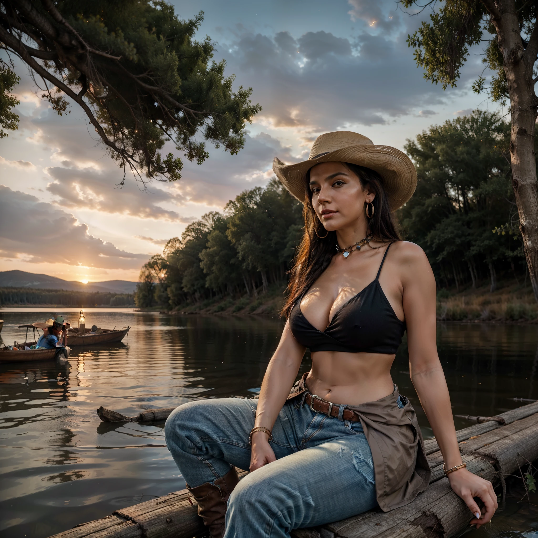 ((accentuated depth of field)), a beautiful western woman, flowing black hair, large breasts, full lips, thick thighs, wearing tight jeans, a top shirt above the navel, scarf around her neck, hat, earrings, bracelet, boots , is sitting on the edge of a lake on a ranch, and in the background there is sparse forest ((dusk, orange sky)), and on the other side of the bank horses drinking water, shacks, fishing boats in the water, withered trees, birds in the horizon, bright fireflies flying around, glowing insects within the water, woods, dry logs, and above scattered clouds in the evening sky, old west cowgirl, beautiful hot outsider, a beautiful cowgirl, photorealistic old lady beauty west in intricate detail.