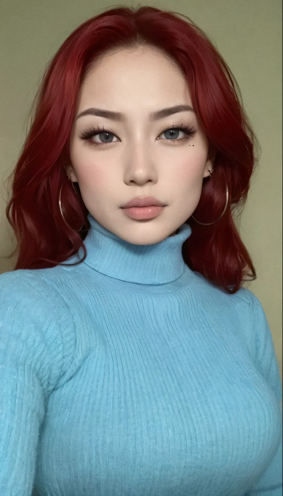 arafed woman com cabelo ruivo and blue sweater posing for a picture, amoranto, better known as amoranto, young beautiful amoranto, Red head, cabelos vermelhos carmesim e olhos vermelhos, com cabelo ruivo, red hair and attractive features, peruca vermelha, com cabelo ruivo and green eyes, garota ruiva, pele vermelha lisa, cabelos tingidos de vermelho