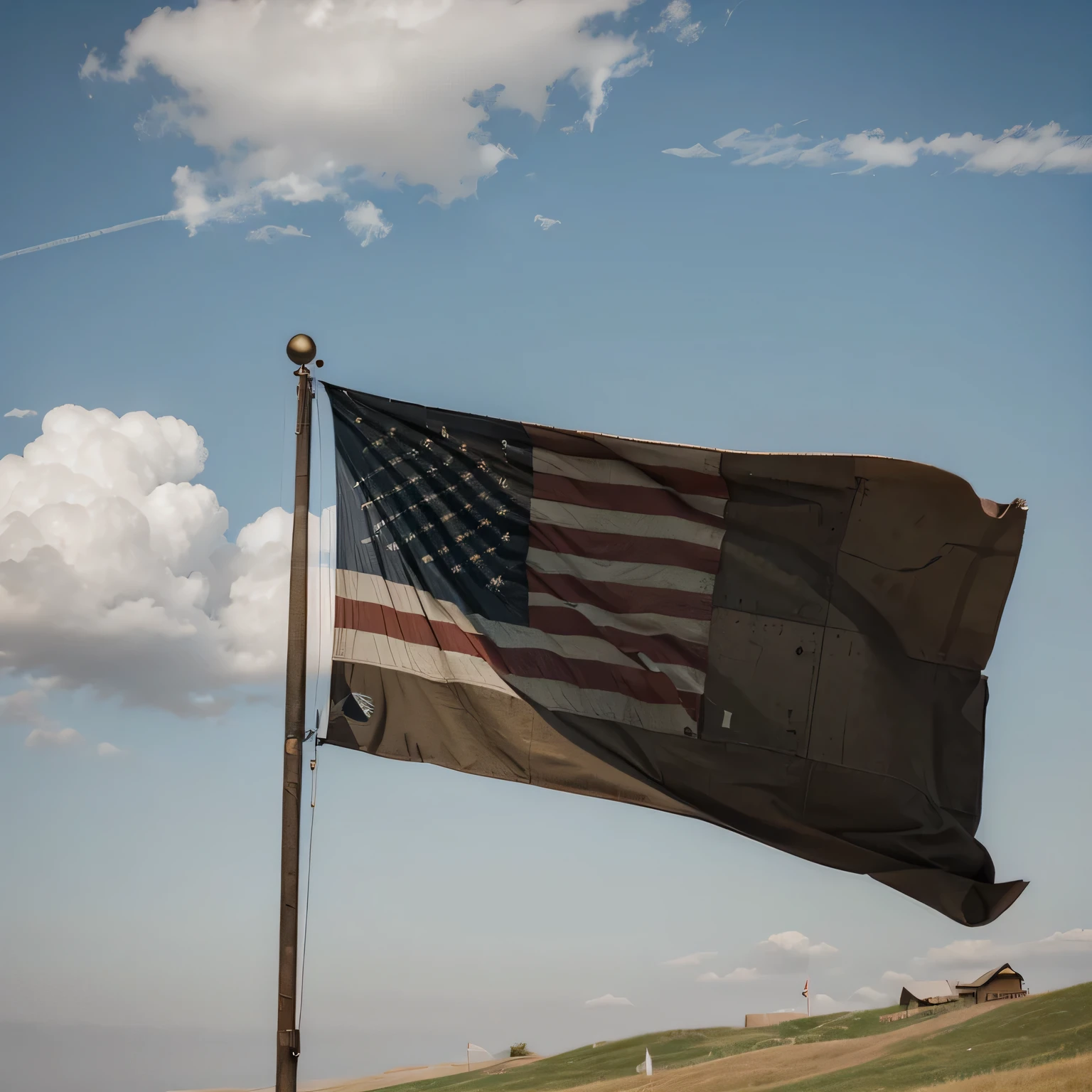 An old, weathered flag flying high against a backdrop of changing times, symbolizing the passage of years and shifting landscapes.