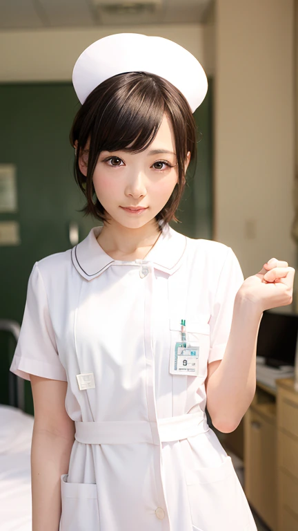 1 girl,(Wearing white nurse clothes:1.2),(Raw photo, highest quality), (realistic, photo-realistic:1.4), masterpiece, very delicate and beautiful, very detailed, 2k wallpaper, wonderful, finely, very detailed CG unity 8k wallpaper, Super detailed, High resolution, soft light, beautiful detailed girl, very detailed eyes and face, beautifully detailed nose, finely beautiful eyes, nurse, perfect anatomy, black hair, up style, nurse uniform, ((nurse cap)), long skirt, nurse, white costume, thin, hospital, clear, White uniform, hospital room, Neck auscultation,