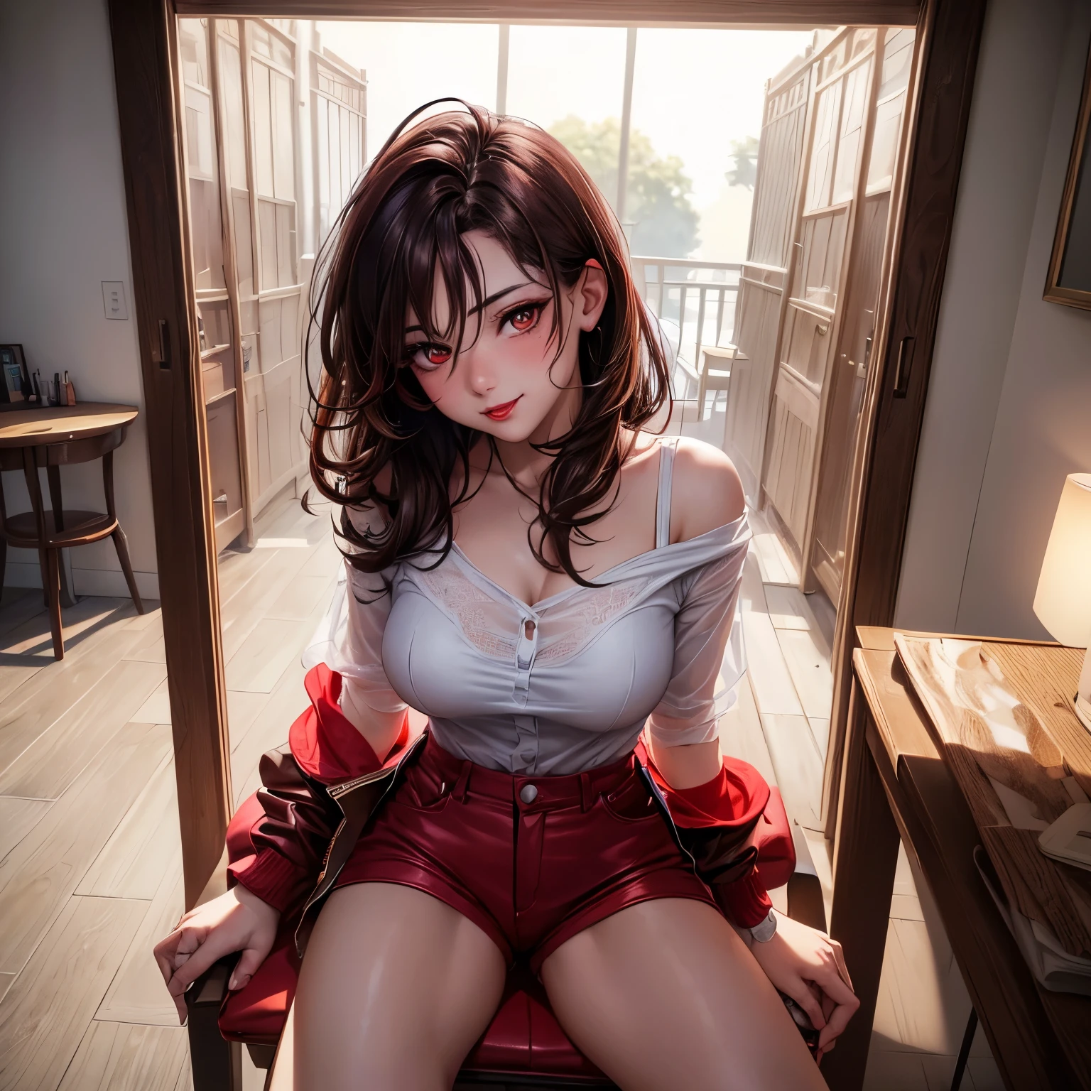 1 girl, 18 years old, (brown hair, lips parted, friendly smile, red lipstick, eyeliner, (bright red eyes), (round breasts: 1, 1 ), (transparent white short shirt), (microshorts:1, 4), hands on face, blushing, sitting, chair, looking at viewer, top view, high resolution, high resolution, hair over shoulder, hair between eyes, medium hair, realism, best quality, 8k, anatomically correct, textured skin, masterpiece, 8k, HD, high details