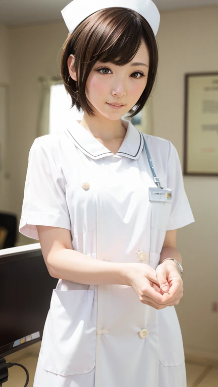 1 girl,(Wearing white nurse clothes:1.2),(Raw photo, highest quality), (realistic, photo-realistic:1.4), masterpiece, very delicate and beautiful, very detailed, 2k wallpaper, wonderful, finely, very detailed CG unity 8k wallpaper, Super detailed, High resolution, soft light, beautiful detailed girl, very detailed eyes and face, beautifully detailed nose, finely beautiful eyes, nurse, perfect ???????, black hair, up style, nurse uniform, ((nurse cap)), long skirt, nurse, white costume, thin, hospital, clear, White uniform, hospital room, Neck auscultation,
