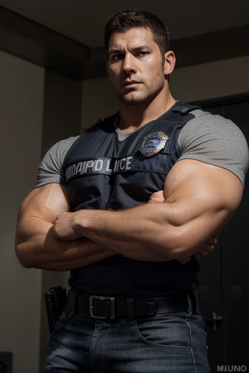 Giant tall muscular police officer,handsome policeman .,police certificate,Concepto de personaje(Resident Evil - Chris Redfield,Chris Redfield)proud expression,Ojos profundos y encantadores.,pose heroica masculina,tall fuerte,muscular!muslos musculosos,chico duro,rasgos faciales perfectos,alto, fuerte, Heqiang, Super profit and great, High Resolution Committee,Encantador hombre fuerte frontside,gray jeans
