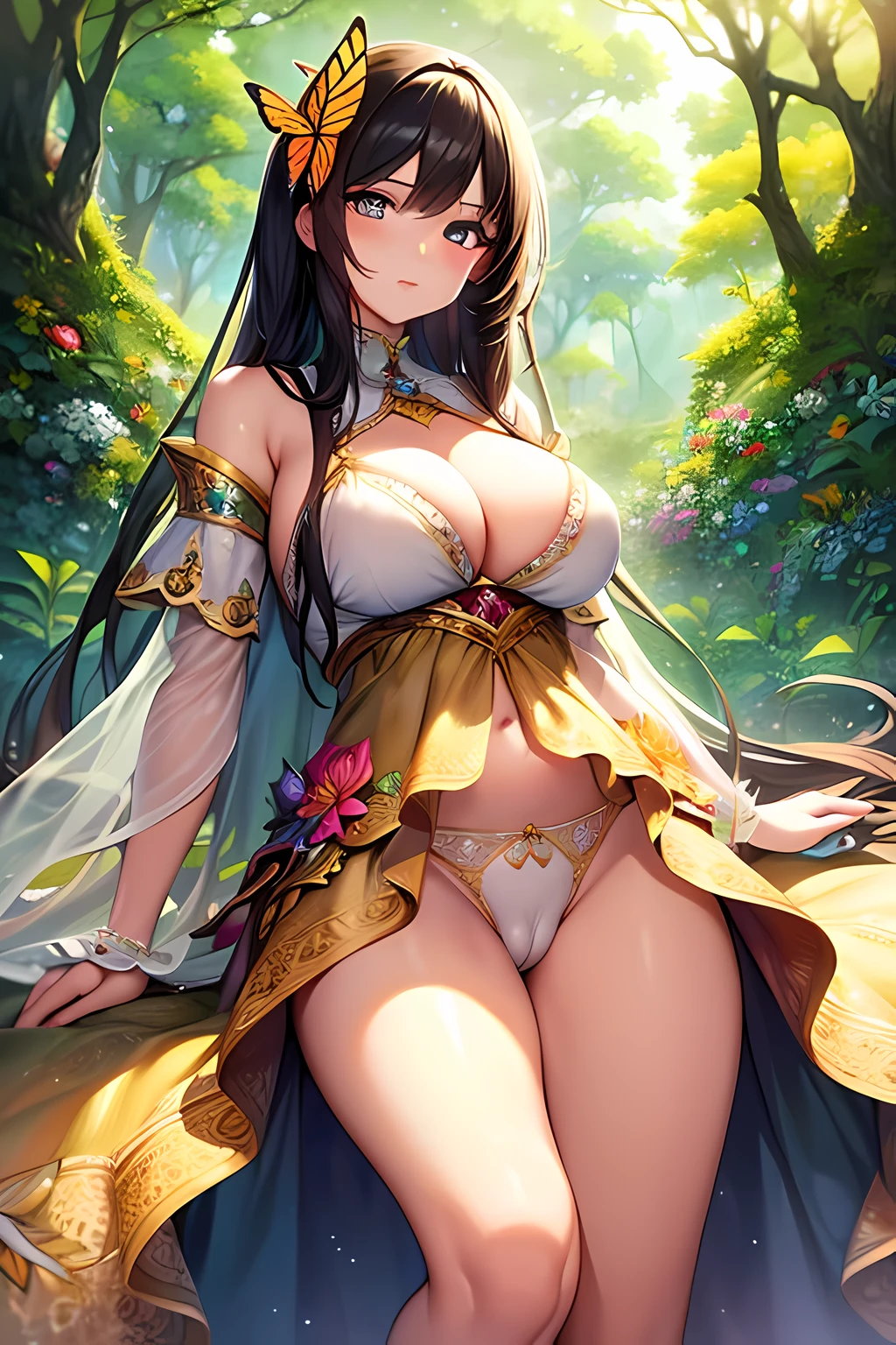 masterpiece, best quality, woman cameltoe, ultra-detailed, floating, beautiful detailed eyes, detailed light, fruits, flowers, colorful, garden, colorful background, forest, bird, butterfly