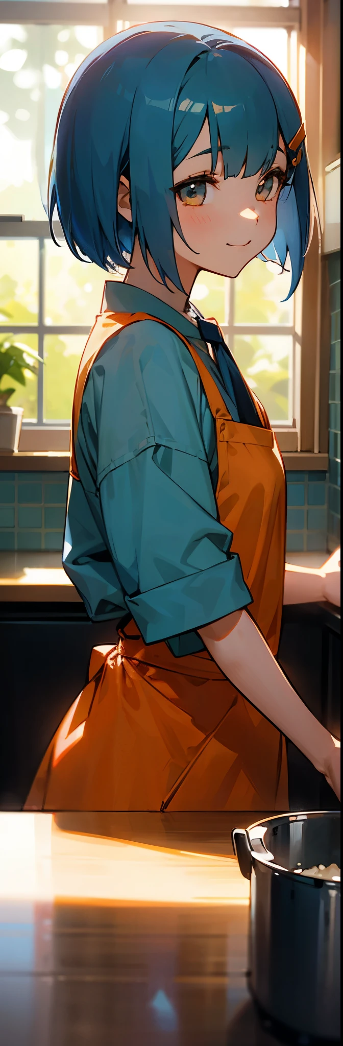 1 girl、anime picture、kitchen、Cute woman cooking delicious food、shrimp、light blue hair、short bob hairstyle、Tie your hair with an orange hair clip、Beautiful obsidian eyes、smile、From the side、sharp outline、background bokeh、written boundary depth