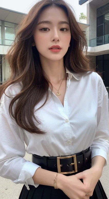 (highest quality, High resolution, masterpiece :1.3), tall and beautiful woman, thin abs, loose wavy dark brown hair, chest, wear a pendant, white button up shirt, belt, black skirt, (modern architecture in the background), Precisely expresses details such as face and skin texture, fine eyes, double eyelid