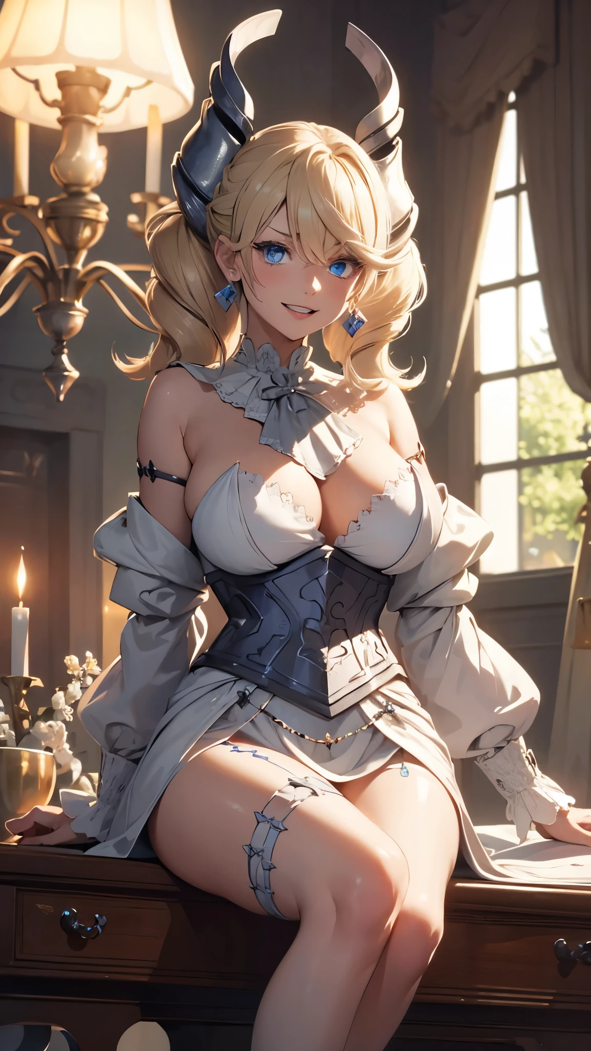 ((masterpiece)),(best quality), ((extremely detailed CG unity 4k wallpaper)),(cinematic lighting), (an extremely delicate and beautiful girl:1.3),face, fixed eye, (++blonde hair++), blue eyes, long hair, jewelry,earrings, :d, maid, labrynth,
Large breast ,(Crystal chandelier), horn ,indoor ,hand over lab,  sitting , crossed leg in detailed, all body , foot exposed , 