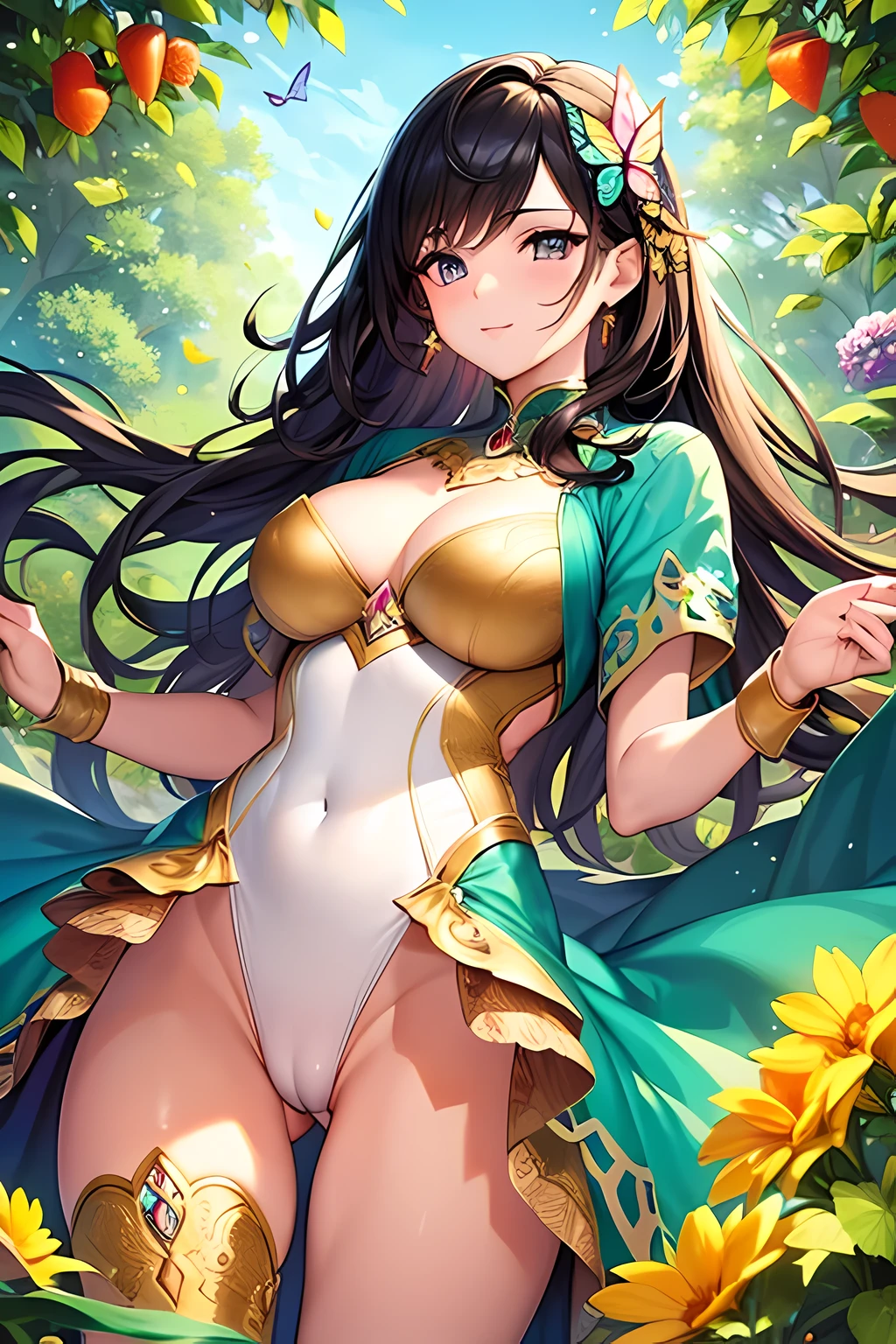 masterpiece, best quality, woman cameltoe, ultra-detailed, floating, beautiful detailed eyes, detailed light, fruits, flowers, colorful, garden, colorful background, forest, bird, butterfly