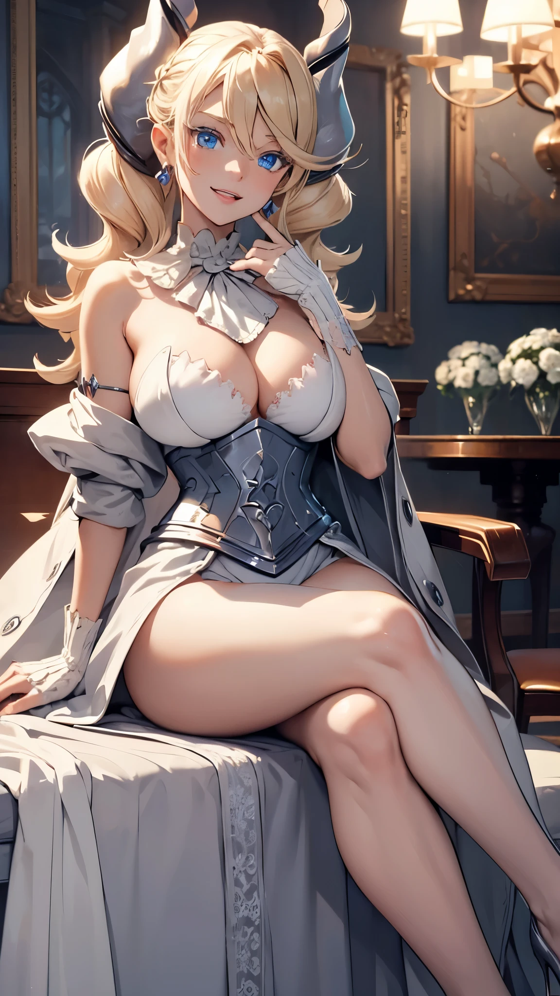 ((masterpiece)),(best quality), ((extremely detailed CG unity 4k wallpaper)),(cinematic lighting), (an extremely delicate and beautiful girl:1.3),face, fixed eye, (++blonde hair++), blue eyes, long hair, jewelry,earrings, :d, maid, labrynth,
Large breast ,(Crystal chandelier), horn ,indoor ,hand over lab, sitting , crossed leg in detailed, all body , foot exposed ,