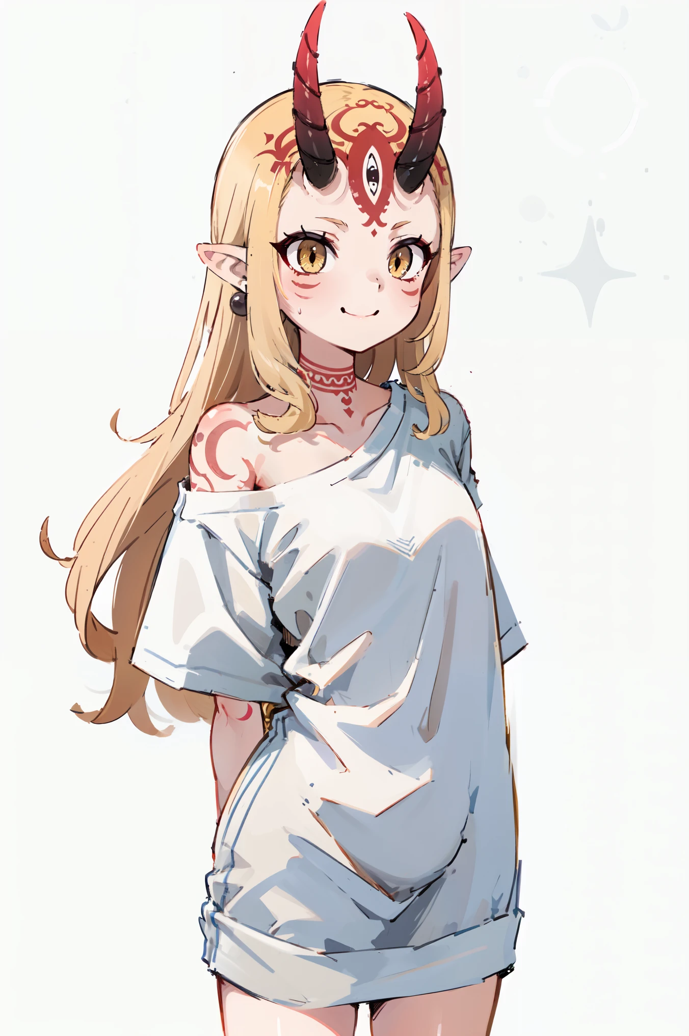 1girl, solo, (ibaraki_douji), blonde, yellow eyes, oni horns, pointy ears, alternative costume, shirt, white shirt, (modern fashion), oversized clothes, bottomless, bare shoulder, off shoulder, flat chest, forehead, ((arms behind back)), hair accesories, straight hair, large smile, smug, upper body, standing, masterpiece, best quality, 8k, beautiful