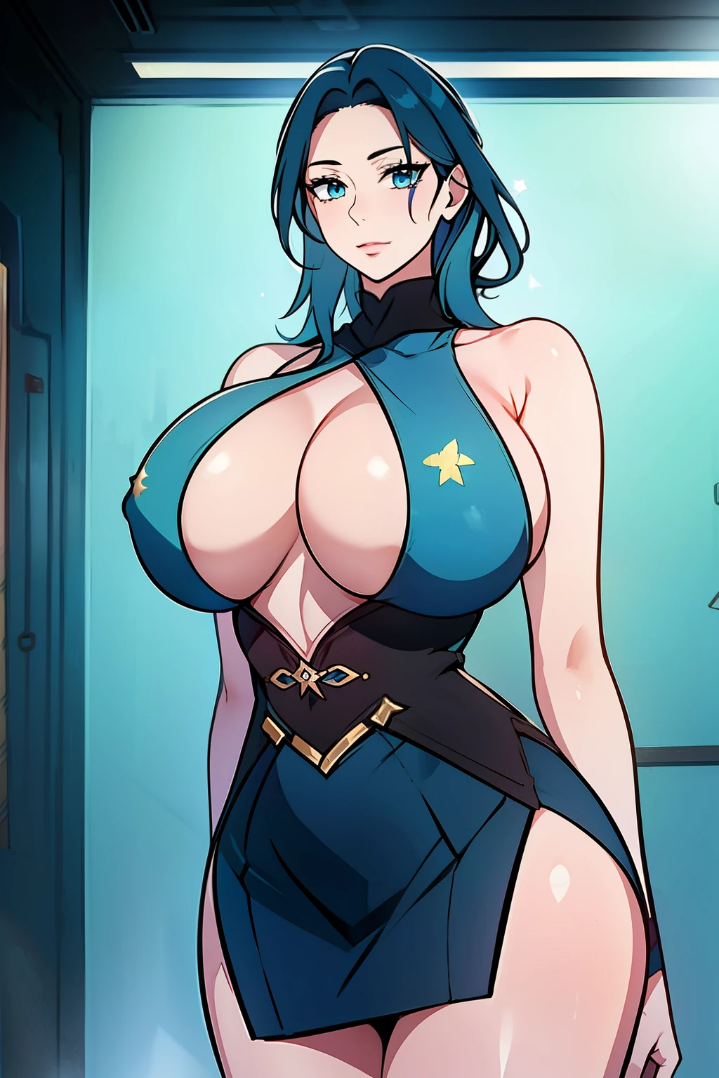 An anime-style artwork depicting ruan mei from the game Honkai star rail.
Tags: ruan mei, anime, detailed eyes, detailed lips, black crop top, black turtleneck, black pencil skirt, smiling expression, intense gaze, glowing emblem on hand, dynamic pose, mystical background, vibrant colors, digital art, high-resolution, professional quality, gigantic breasts, (underboob : 1.4), curvy, cowboy shot, (gigantic breasts: 1.4), (blue eyes: 1.4), (light blue hair: 1.6)
