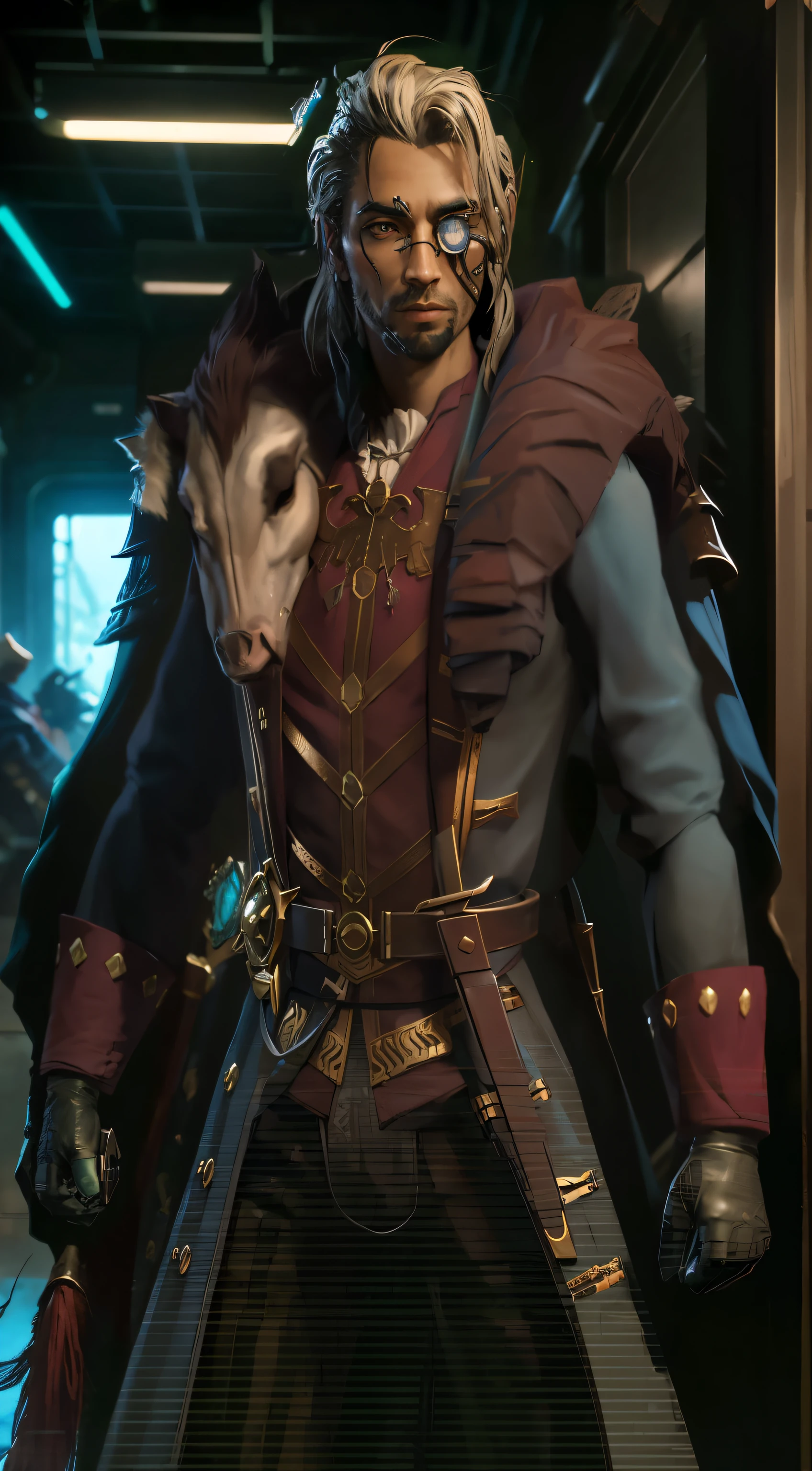 there is a man in a costume with a horse on his shoulder, starfinder character, portrait of fin wildcloak, portrait of a bloodborne hunter, portrait of a male hydromancer, style of starfinder, maxwell render, hyperdetailed fantasy character, amazing portrait, closeup portrait of an artificer, character portrait, male character, main character, battlefield in the background