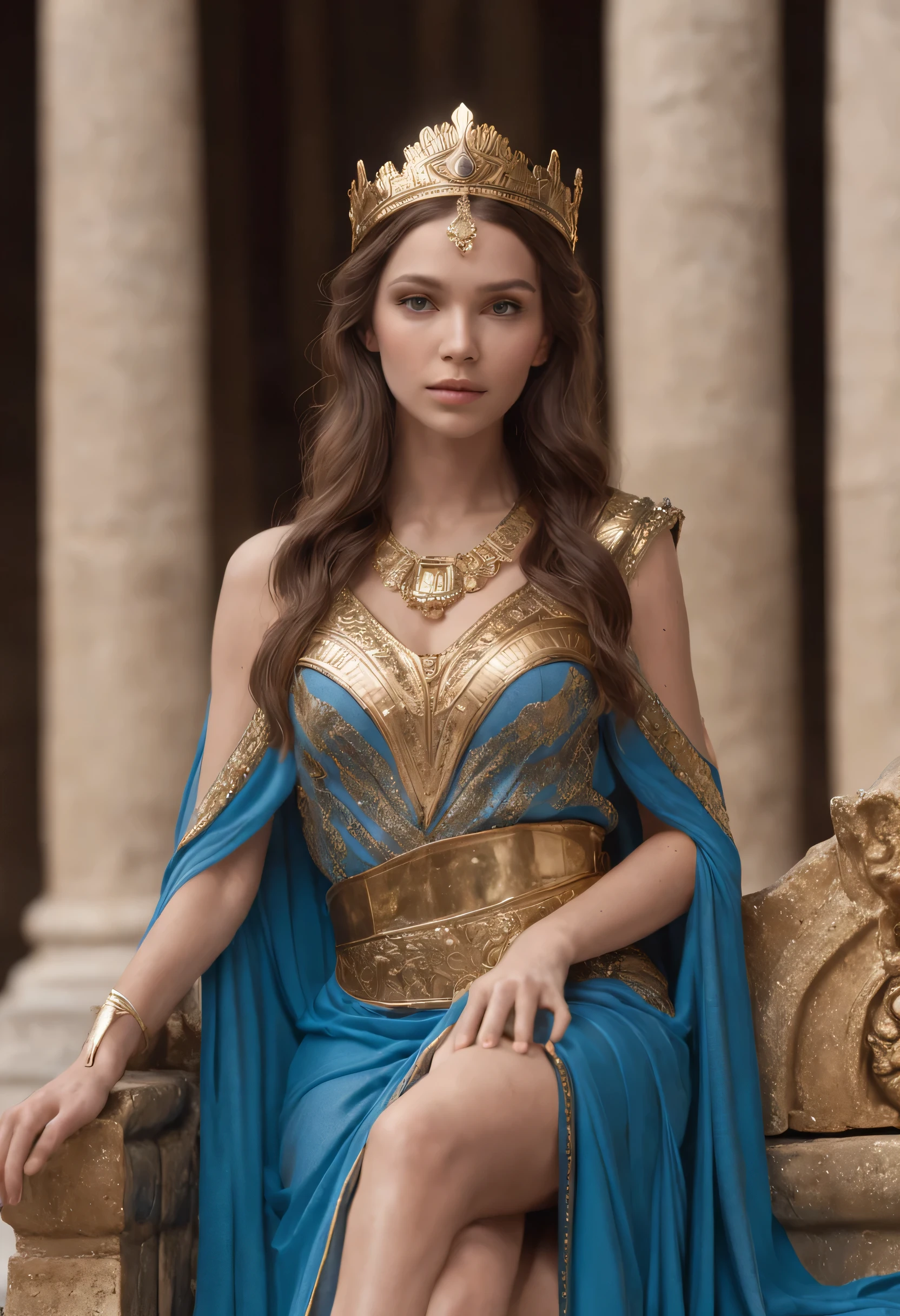 Queen goddess of olympians, with brown hair and brown eyes, is glossy-skinned, looks gorgeous and dignified, has high self-esteem, wears long blue greek toga with jeweled belt, puts on an golden crown, is sitting on golden throne, is commanding servants, Ancient greek palace, Peacocks, Greek mythology, splendid atmosphere, photorealistic, super high quality, super detail, ultra-accurate description of hands, masterpiece, 8K, HDR