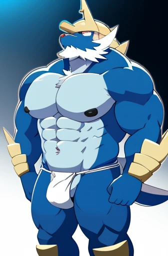 male, anthro, kemono, samurott, tail, detailed eyes, topless male, large pecs, muscular, big black nipples, fundoshi, bulge