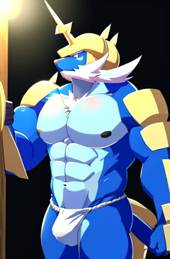 male, anthro, kemono, samurott, tail, detailed eyes, topless male, large pecs, muscular, big black nipples, fundoshi, bulge