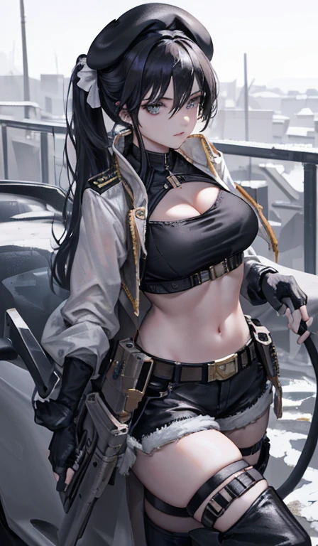  19 years old, (milf:0.8), (solo:1.5), (sfw:1.25), sexy breast, beautiful breasts, (medium tits:0.8), thin waist, big ass:1.0, Raised sexy, (black beret,black military jacket, open clothes, cleavage, midriff, black shorts, black thighhighs, thigh strap, fingerless gloves, single glove:1.2), blue eyes, light smile, big , Revimpling fabric, earrings, Hand gloves, detailed face,(hold a cigarette:1.1),long hair,side ponytail,hair between eyes,bangs,detailed and beautiful eyes,beautiful detailed lips,Rolling her eyes,manner,hair over one eye, (ultra high resolution, 8K RAW photo, photo realistics, thin outline:1.3, clear focus), best qualtiy, natural lighting, textile shading, field depth, (Bright pupils, fine detailed beautiful eyes with highlight:1.3, high detailed face), Red lip, fine realistic skins:1.1, looking down viewers:1.3, (dynamic angle:1.3, front view:1.1, breast focus:1.3, from above:1.2), (dynamic posing:1.5, sexy posing:1.2),Youghal, side lock, hair ornaments,nice,garden background,artistic rendering,Super detailed,(highest quality,4k,8K,High resolution,masterpiece:1.2),Bright colors,studio lighting ,at military base in usa
