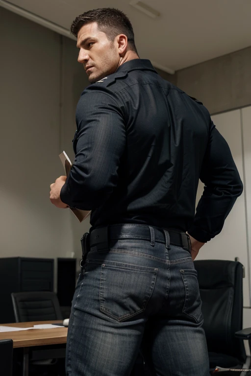 Giant tall muscular police officer from behind, handsome policeman .,police certificate,Concepto de personaje(Resident Evil - Chris Redfield,Chris Redfield)proud expression,Ojos profundos y encantadores.,pose heroica masculina,tall fuerte,muscular!muslos musculosos,chico duro,rasgos faciales perfectos,alto, fuerte, Heqiang, Super profit and great, High Resolution Committee,Encantador hombre fuerte backside,gray jeans backside backside