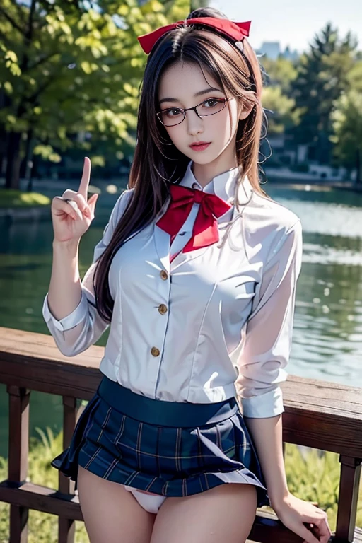 highest qualityの仕事，realistic works，Ultra Premium Graphics，8K HD CG works，high quality graphics，High-definition CG work，10x pixels，super fine details：1.1，Advanced technical details：1.1Photo-realistic((High school girl walking in the lakeside park))、((White blazer))、((translucent white blouse、red bow tie、dark blue checked skirt)). 40k, photo shoot, table top, highest quality, dark gray background, ((1 Gorgeous light-haired girl with beautiful eyes, she wears glasses on her beautiful face, )). white skin, Various poses.((medium sized breasts,:1.1)), highest quality, table top, ultra high resolution, (realistic:1.4), Raw photo, (perfect body shape), (slim:1.3), slimなお腹, Perfect slim figure, dynamic pose, (((large :0.9))), alone, Cold light 12000K, very detailed facial and skin texture, fine eyes, realistic eyes, detailed and beautiful eyes, (realistic skin), Charm, 超A high resolution, surreal, very detailed,((No panties:1.5))、((Hide the crotch with your fingers:1.5))、