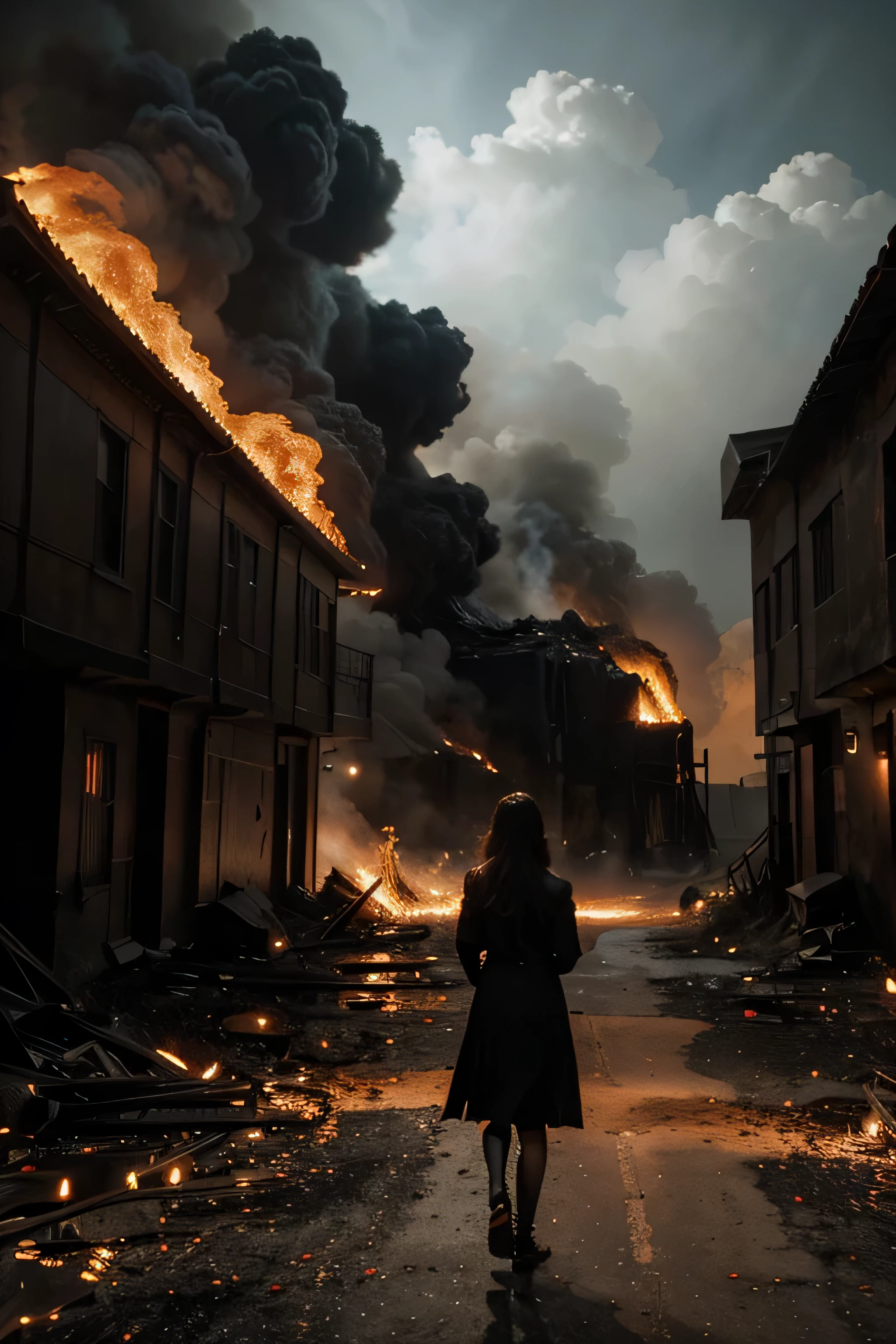 (best quality,4k,8k,highres,masterpiece:1.2),ultra-detailed,realistic,photorealistic:1.37,a girl standing in front of,a gigantic door, as tall as a 20-story building,(burning,fiery:0.9),a path leading to darkness and flames,ominous atmosphere,dark and dramatic lighting,terrifying and dangerous journey,scorching heat,molten lava flowing beside the path,ominous smoke rising from the flames,cracked ground,burning debris falling from the sky,shadowy figures lurking in the darkness,intense red and orange color palette,sinister and eerie portrayal,high contrast and sharp details,dynamic and powerful composition,dramatic perspective,feeling of unease and fear,apocalyptic scenery