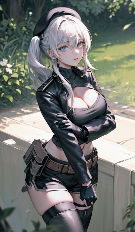 19 years old, (milf:0.8), (solo:1.5), (sfw:1.25), sexy breast, beautiful breasts, (medium tits:0.8), thin waist, big ass:1.0, Raised sexy, (black beret,black military jacket, open clothes, cleavage, midriff, black shorts, black thighhighs, thigh strap, fingerless gloves, single glove:1.2), blue eyes, light smile, big , Revimpling fabric, earrings, Hand gloves, detailed face,(hold a cigarette:1.1),long hair,side ponytail,hair between eyes,bangs,detailed and beautiful eyes,beautiful detailed lips,Rolling her eyes,manner,hair over one eye, (ultra high resolution, 8K RAW photo, photo realistics, thin outline:1.3, clear focus), best qualtiy, natural lighting, textile shading, field depth, (Bright pupils, fine detailed beautiful eyes with highlight:1.3, high detailed face), Red lip, fine realistic skins:1.1, looking down viewers:1.3, (dynamic angle:1.3, front view:1.1, breast focus:1.3, from above:1.2), (dynamic posing:1.5, sexy posing:1.2),Youghal, side lock, hair ornaments,nice,garden background,artistic rendering,Super detailed,(highest quality,4k,8K,High resolution,masterpiece:1.2),Bright colors,studio lighting ,at military base in usa