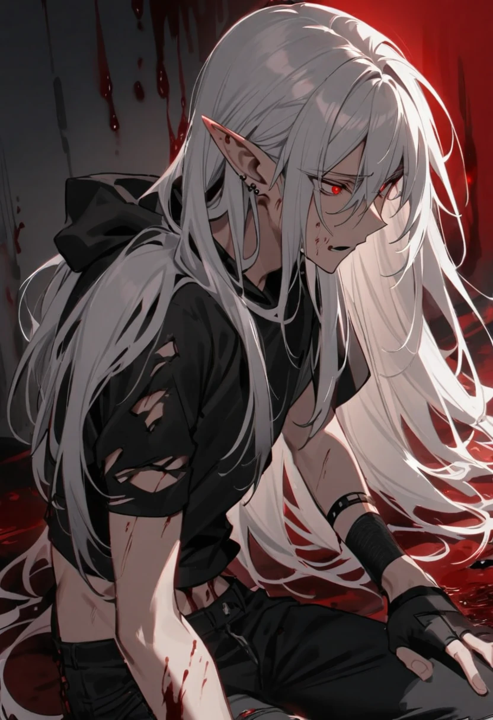 Male,5'4,pierced pointy ears,light skin,red eyes, white ombre long hair half up half down,black albow length fingerless gloves,ripped red short sleeve cropped hoodie,black tight shirt,ripped black jeans,blood drippig down after being stabbed in the gut multiple times 