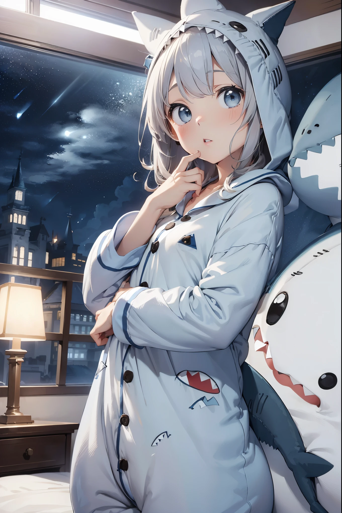 a bit, Nendoroid, ((worst quality, low quality)), ((close), profile,1.5 Left Facing), ( girl), gray hair, (Fluffy shark costume pajamas:1.4), (open income:1.2), (Pale light blue pajamas:1.4), Animal Hoodie, (hooded:1.Under the hoodie, oversized hoodie, five fingers, perfect hands, 深bedroom at nightの背景, Sleep on the bed、Stick out your hand、Pose that you want to hug、highest quality,Super detailed, masterpiece,bedroom at night、bedroom at night、sleeping on the bed、