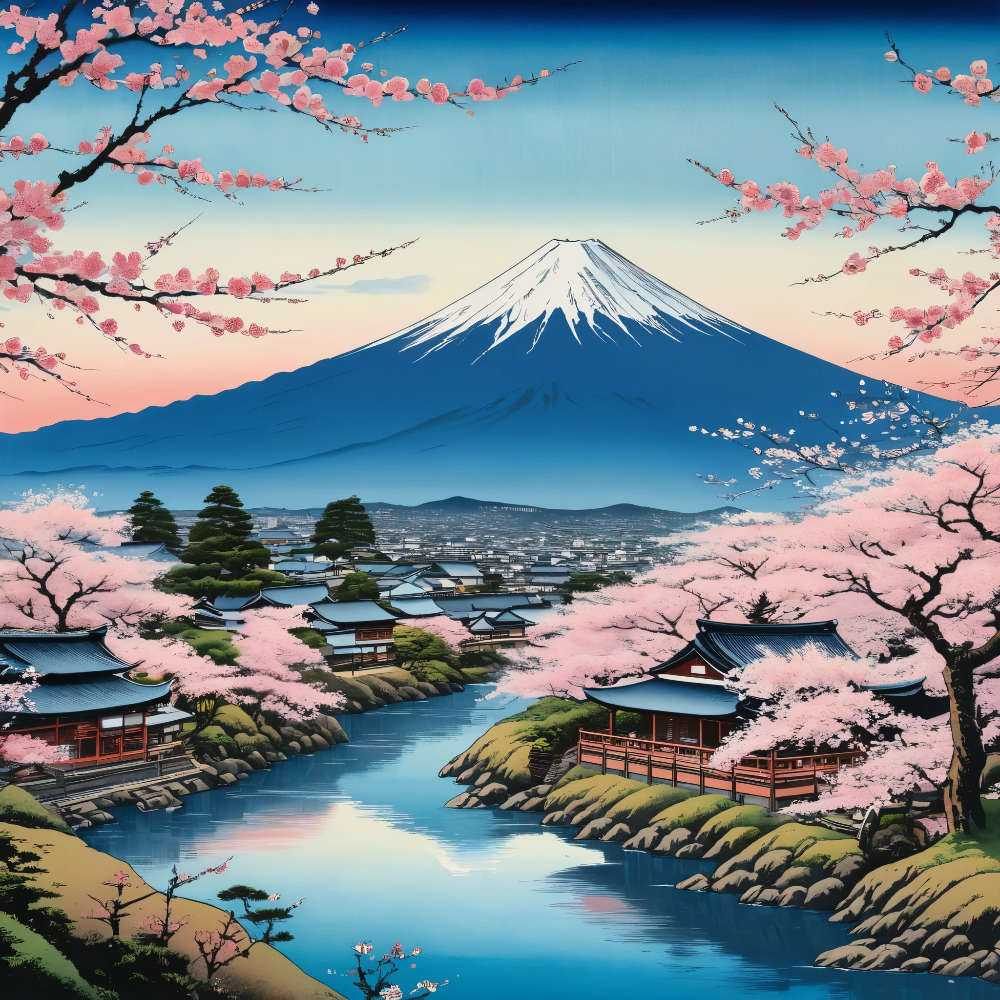 A serene, Ukiyo-E-style landscape featuring a majestic Mount Fuji in the background, with delicate cherry blossoms and a peaceful village in the foreground, capturing the timeless beauty of Hiroshige's "Thirty-six Views of Mount Fuji" series.