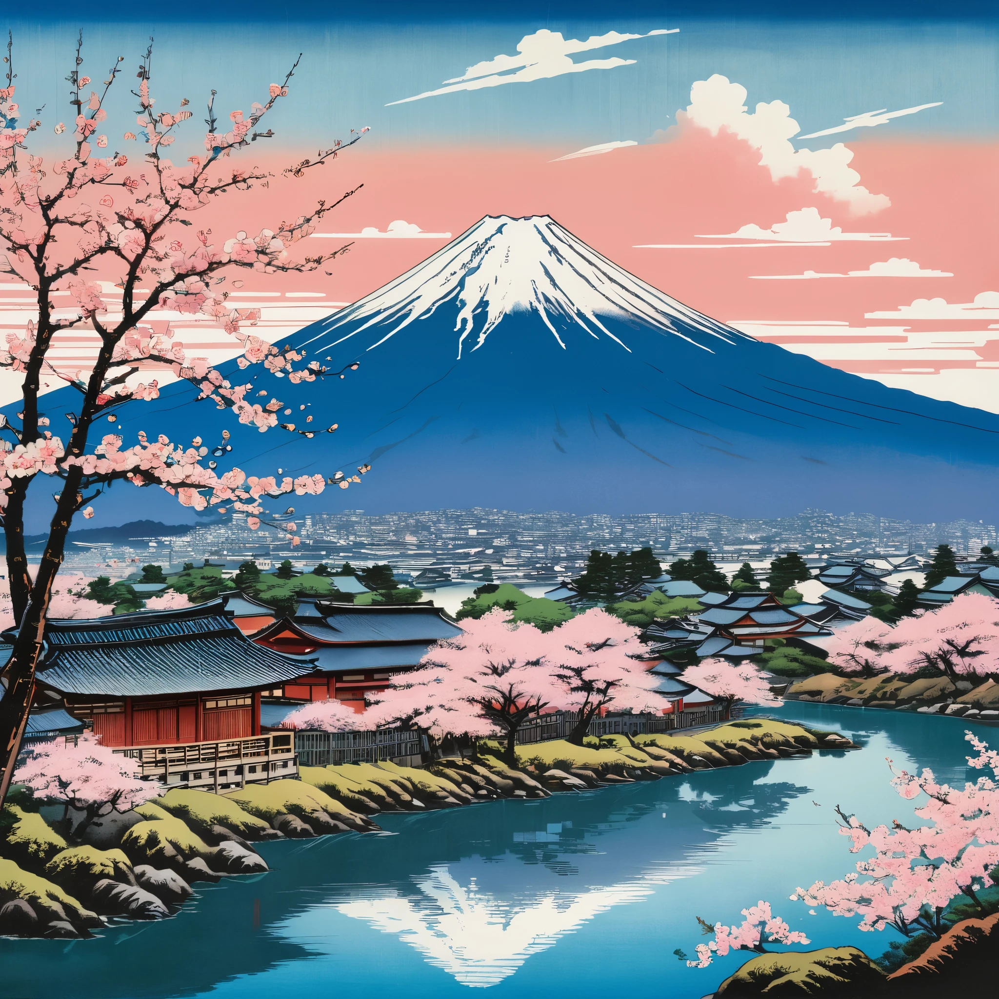A serene, Ukiyo-E-style landscape featuring a majestic Mount Fuji in the background, with delicate cherry blossoms and a peaceful village in the foreground, capturing the timeless beauty of Hiroshige's "Thirty-six Views of Mount Fuji" series.