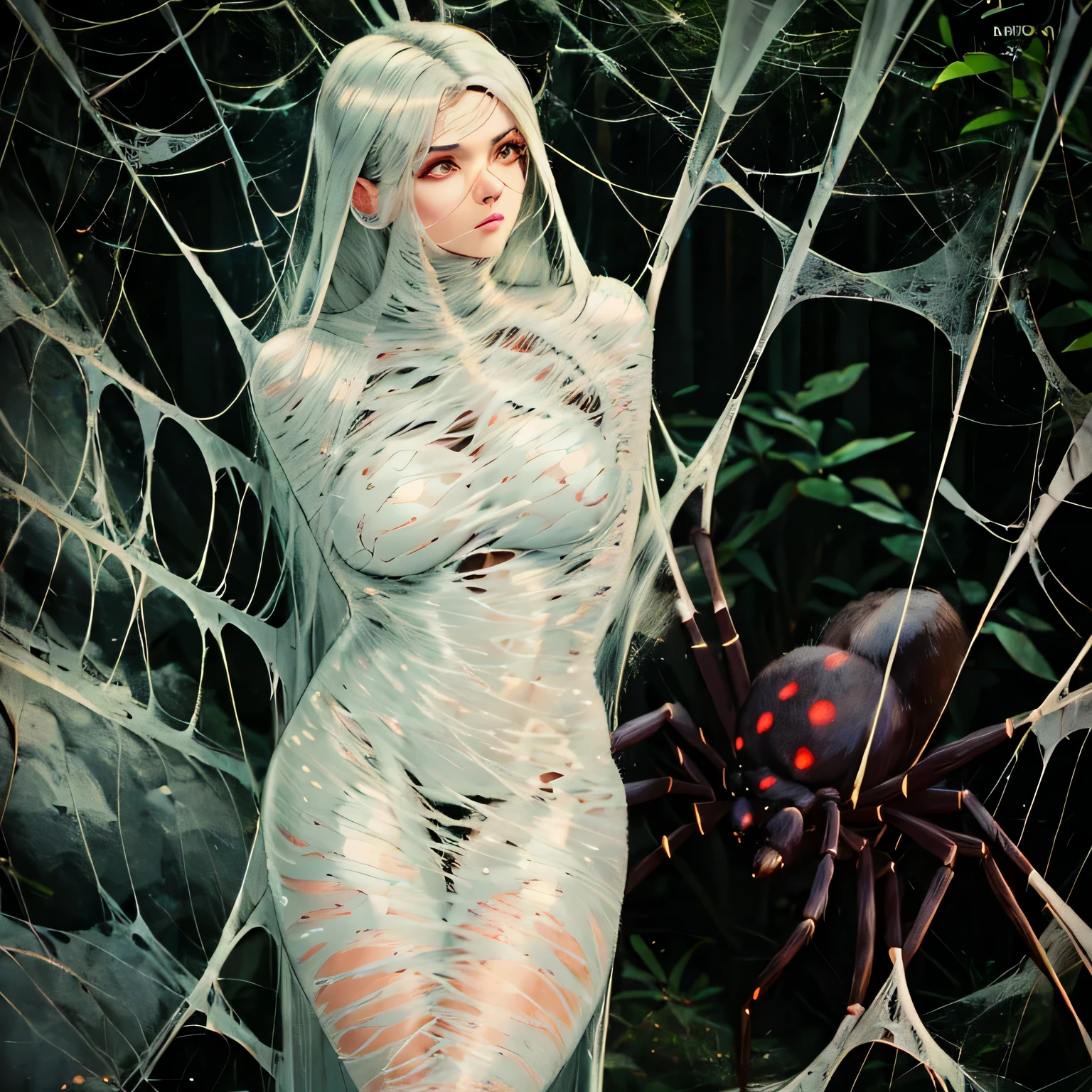 "(best quality,4k,8k,highres,masterpiece:1.2),ultra-detailed,(realistic,photorealistic,photo-realistic:1.37),portraits,A girl completely entangled in the spider's web,beautiful detailed eyes,beautiful detailed lips,extremely detailed eyes and face,long eyelashes,dark and gloomy atmosphere,ominous lighting,spider web covering the girl's body,fine spider silk threads,creepy and surreal environment,dark shadows,cocoon-like structures surrounding the girl,subtle hints of fear and vulnerability,contrast of delicate beauty and entangled chaos,detailed textures of the spider's web,subtle color tones,moody and mysterious ambiance"cocoon