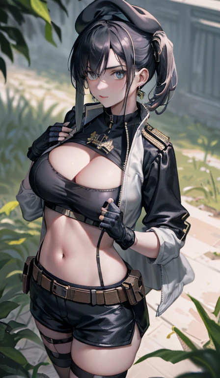  19 years old, (milf:0.8), (solo:1.5), (sfw:1.25), sexy breast, beautiful breasts, (medium tits:0.8), thin waist, big ass:1.0, Raised sexy, (black beret,black military jacket, open clothes, cleavage, midriff, black shorts, black thighhighs, thigh strap, fingerless gloves, single glove:1.2), blue eyes, light smile, big , Revimpling fabric, earrings, Hand gloves, detailed face,(hold 1 cigarette:1.1),long hair,side ponytail,hair between eyes,bangs,detailed and beautiful eyes,beautiful detailed lips,Rolling her eyes,manner,hair over one eye, (ultra high resolution, 8K RAW photo, photo realistics, thin outline:1.3, clear focus), best qualtiy, natural lighting, textile shading, field depth, (Bright pupils, fine detailed beautiful eyes with highlight:1.3, high detailed face), Red lip, fine realistic skins:1.1, looking down viewers:1.3, (dynamic angle:1.3, front view:1.1, breast focus:1.3, from above:1.2), (dynamic posing:1.5, sexy posing:1.2),Youghal, side lock, hair ornaments,nice,garden background,artistic rendering,Super detailed,(highest quality,4k,8K,High resolution,masterpiece:1.2),Bright colors,studio lighting ,at military base in usa
