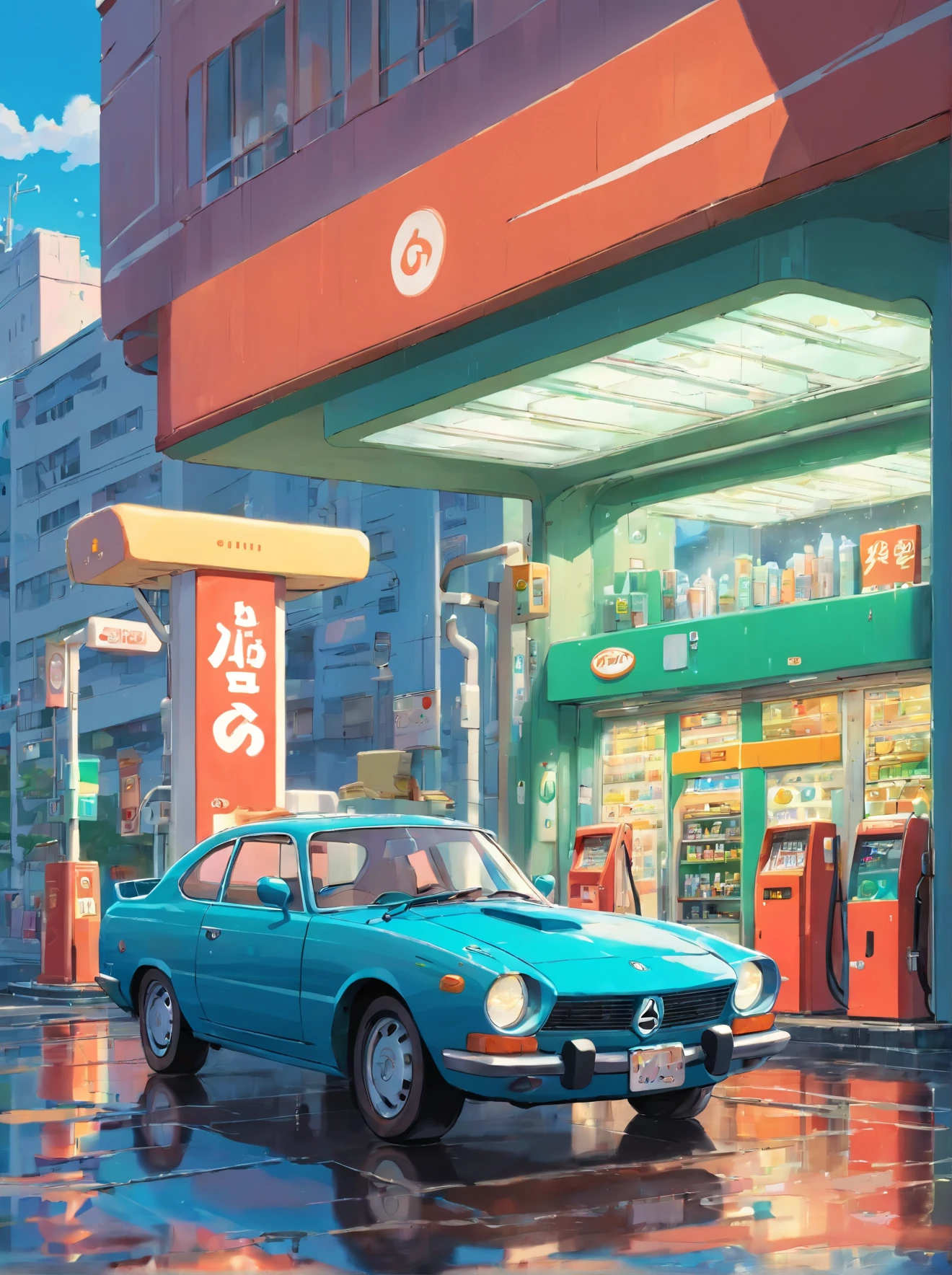 gasstation in a city, with a car, after the rain
