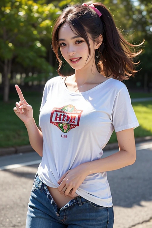 (8K, RAW photo,highest quality, High resolution:1.1), (hyperrealistic:1.4),(realistic, photorealistic:1.3), soft light,big breasts,girl,realistic face,realistic body,realistic skin,disorganized,masterpiece,(cute:1.8), cuties, alone, (big breasts:1.2), fine black eyes,innocent eyes,鬠红,(T-shirt:1.2), cinema light,film grain,jewelry,earrings,((medium hair:1.1)),((Floating hair NovaFrog style)),cherry color lip,hair ribbon,hair ribbon,ponytail,close,view viewer,long hair,Upper body,open lips,upper teeth, (smiling eyes:0.6),((grin:1.2)),Depth of the bounds written, blurred background, focus of the eye, Bokeh,young, 85mm lens, f/1.4,professional lighting, young,portrait,photon mapping,radio city,Physically based rendering,No bra ,((take off underwear:1.5))、((Hide the crotch with your fingers:1.5))、